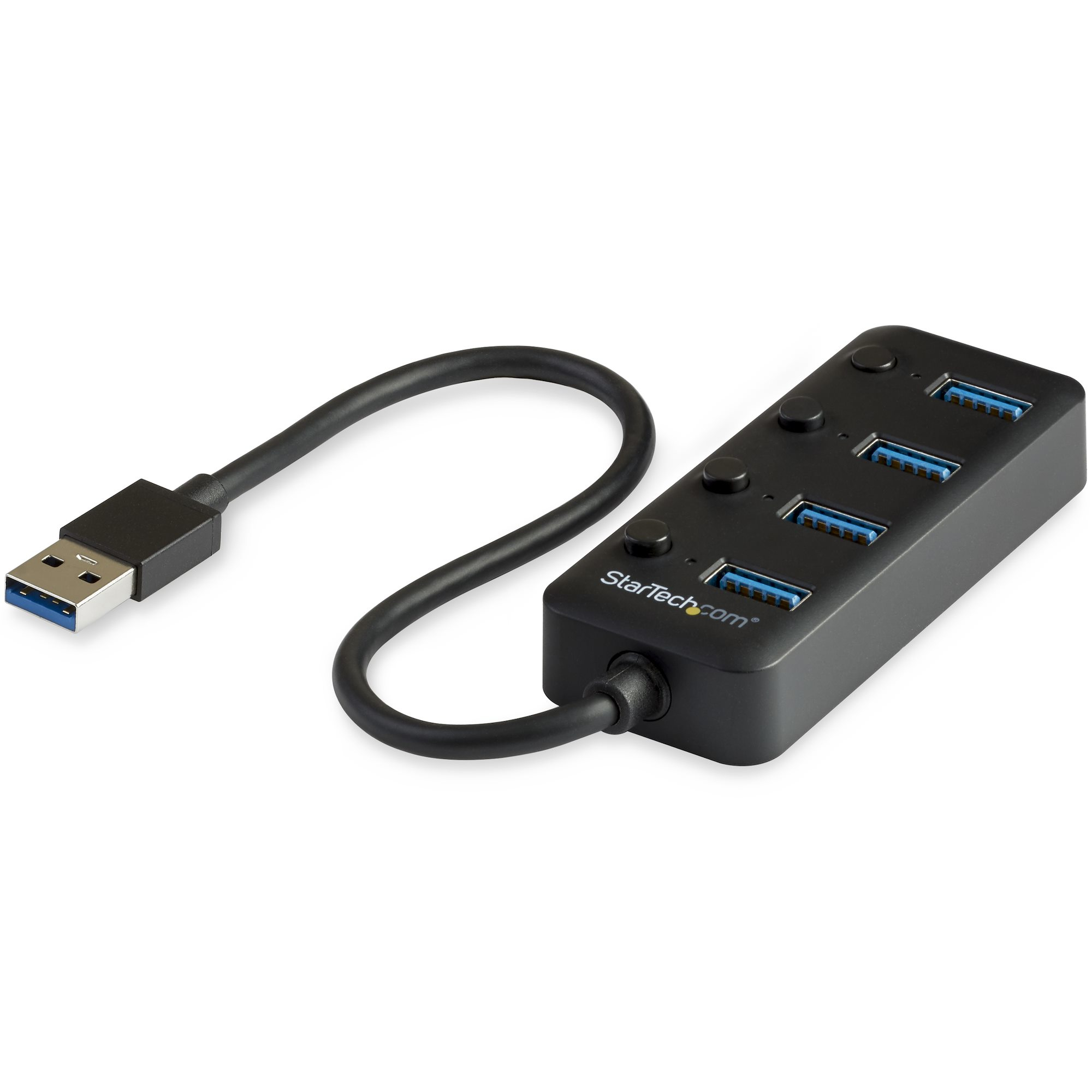 Startech 4 Port USB 3.0 Hub, USB-A to 4x USB 3.0 Type-A with Individual On/Off Port Switches, SuperSpeed 5Gbps USB 3.1/USB 3.2 Gen 1, USB Bus Powered, Portable, 9.8" Attached Cable - Windows/macOS/Linux (HB30A4AIB) - Hub - 4 x USB 3.1 Gen 1 - desktop - fo
