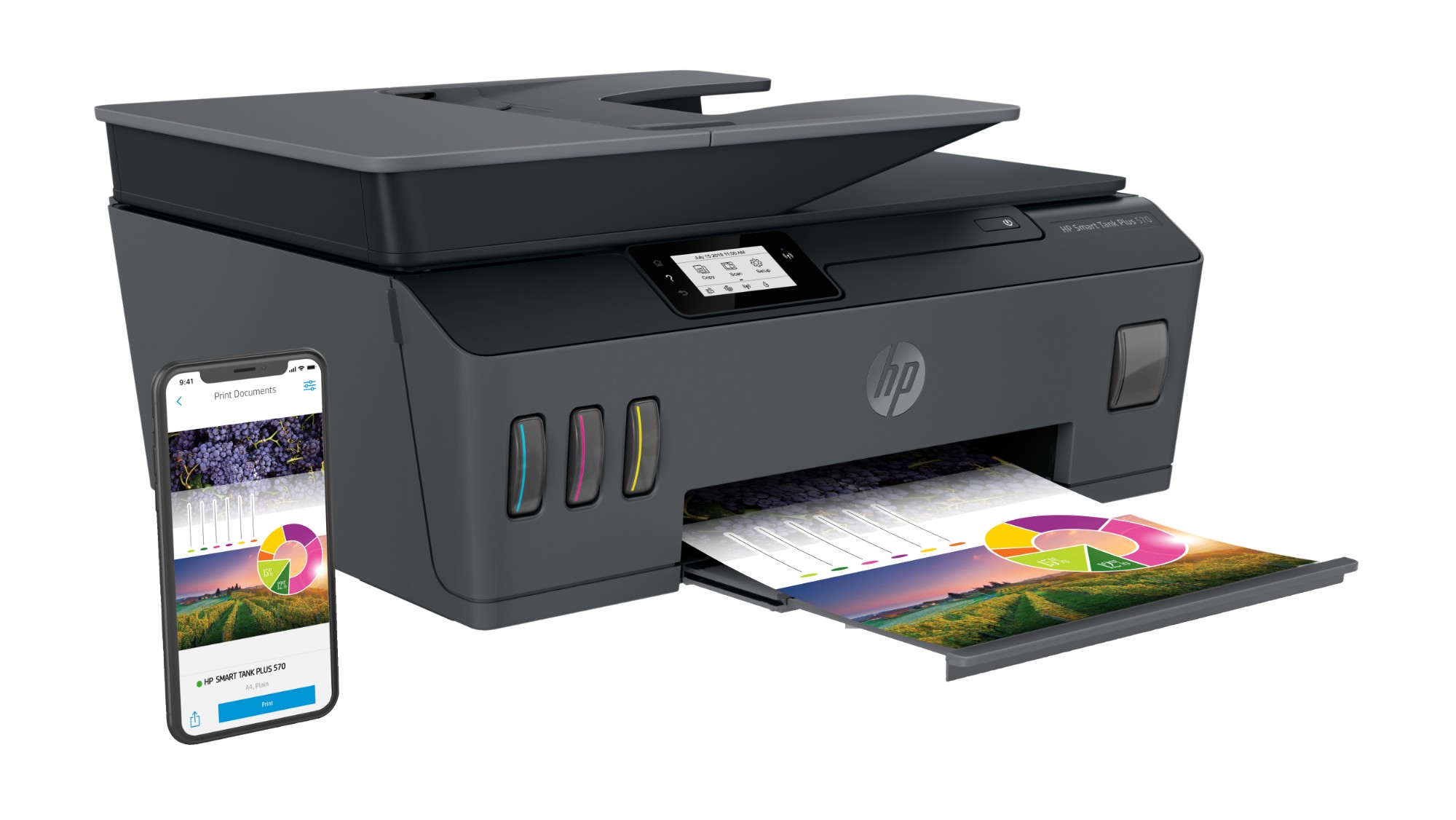 HP Smart Tank Plus 570 Wireless All-in-One - Multifunction printer - colour - ink-jet - refillable - Legal (216 x 356 mm) (original) - A4/Legal (media) - up to 10 ppm (copying) - up to 11 ppm (printing) - 100 sheets - USB 2.0, Wi-Fi(n), Bluetooth