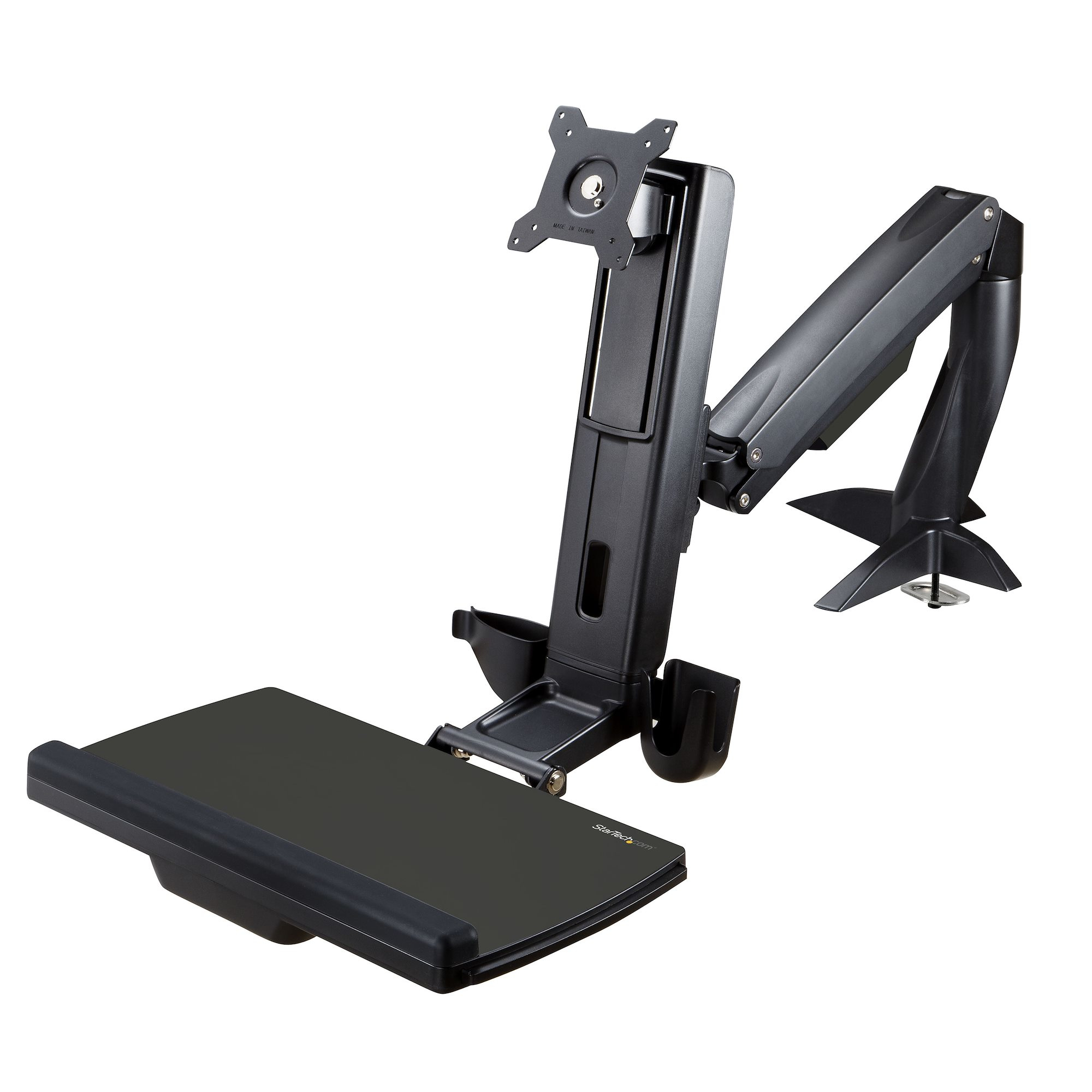 Startech Sit Stand Monitor Arm, Desk Mount Adjustable Sit-Stand Workstation Arm for Single 34" VESA Mount Display, Ergonomic Articulating Standing Desk Converter with Keyboard Tray - Stand Up Office Desk (ARMSTSCP1) - Mounting kit (base plate, column, gro