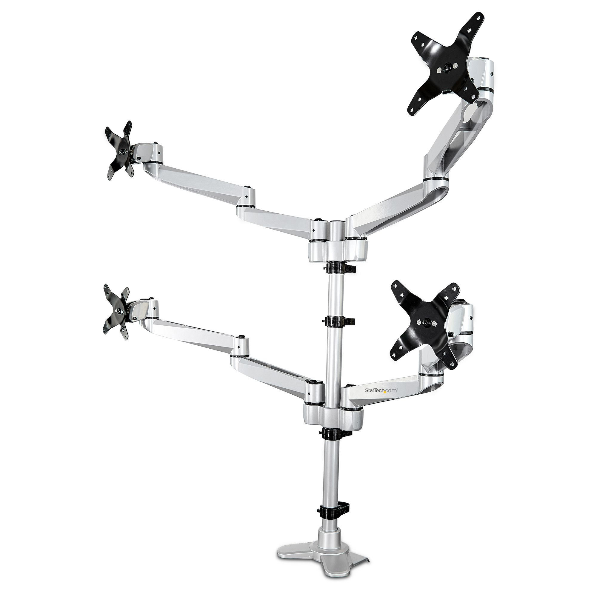 Startech Desk Mount Quad Monitor Arm, Premium Articulating VESA 4 Monitor Mount 2x2 up to 27", Ergonomic Height Adjustable Pole Mount, Tilt/Swivel/Rotate, C-Clamp/Grommet, Silver - Heavy-duty VESA Mount (ARMQUADPS) - Mounting kit - adjustable arm - for 4