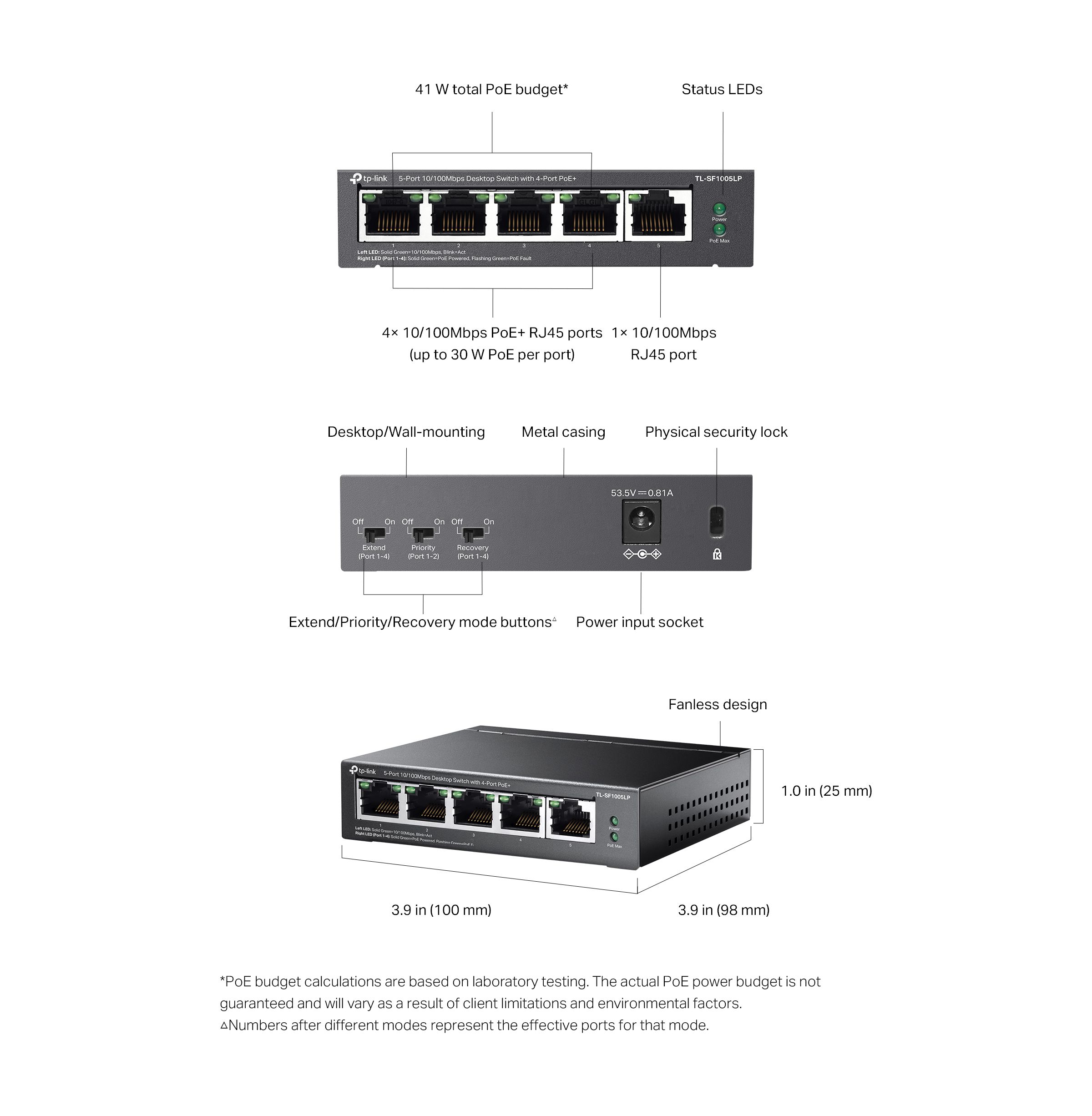 TP-Link TL-SF1005LP - V1 - switch - unmanaged - 5 x 10/100 (4 PoE) - desktop, wall-mountable - PoE (41 W)
