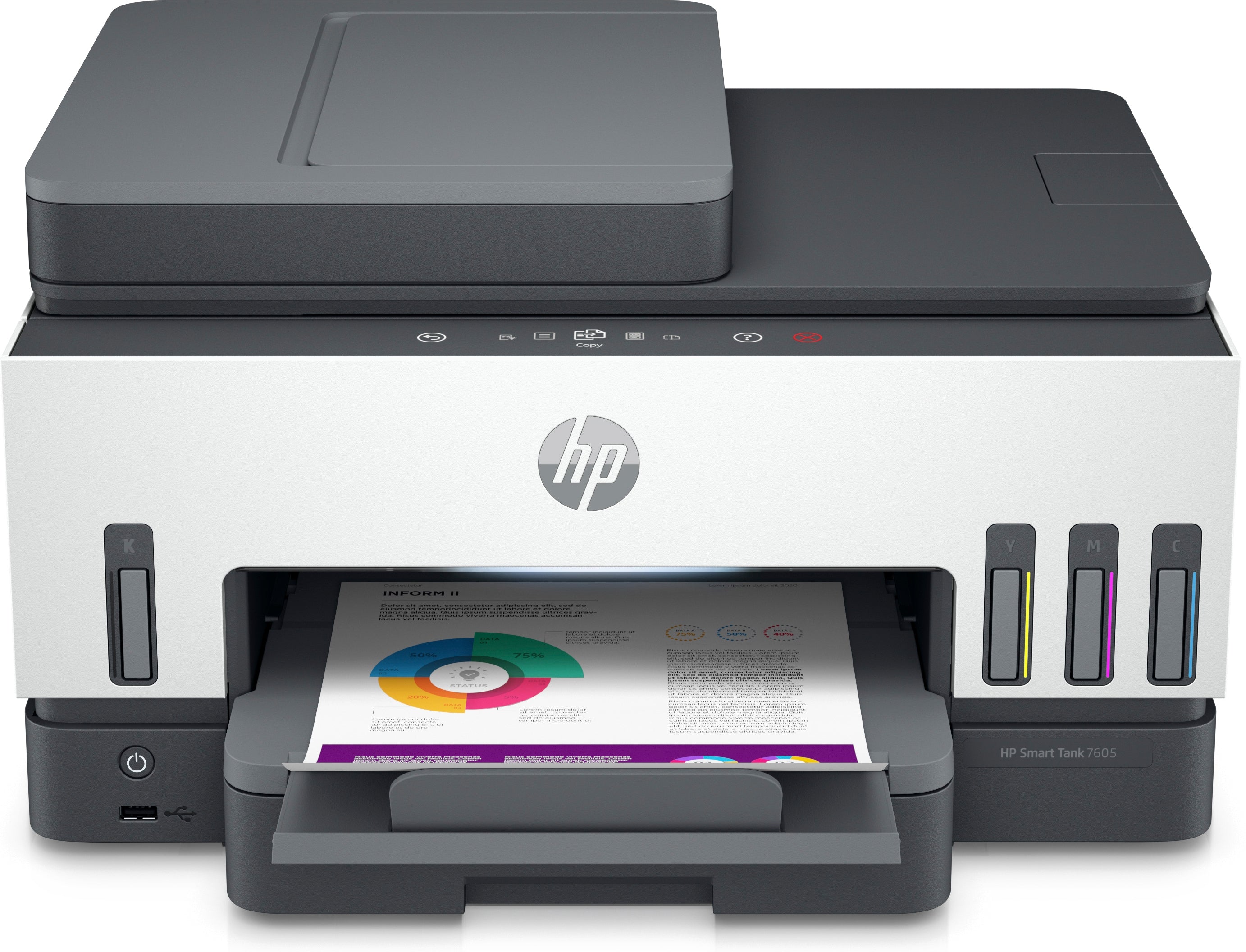 HP Smart Tank 7605 All-in-One - Multifunction printer - colour - ink-jet - refillable - Letter A (216 x 279 mm)/A4 (210 x 297 mm) (original) - A4/Legal (media) - up to 13 ppm (copying) - up to 15 ppm (printing) - 250 sheets - USB 2.0, Wi-Fi(n), Bluetooth