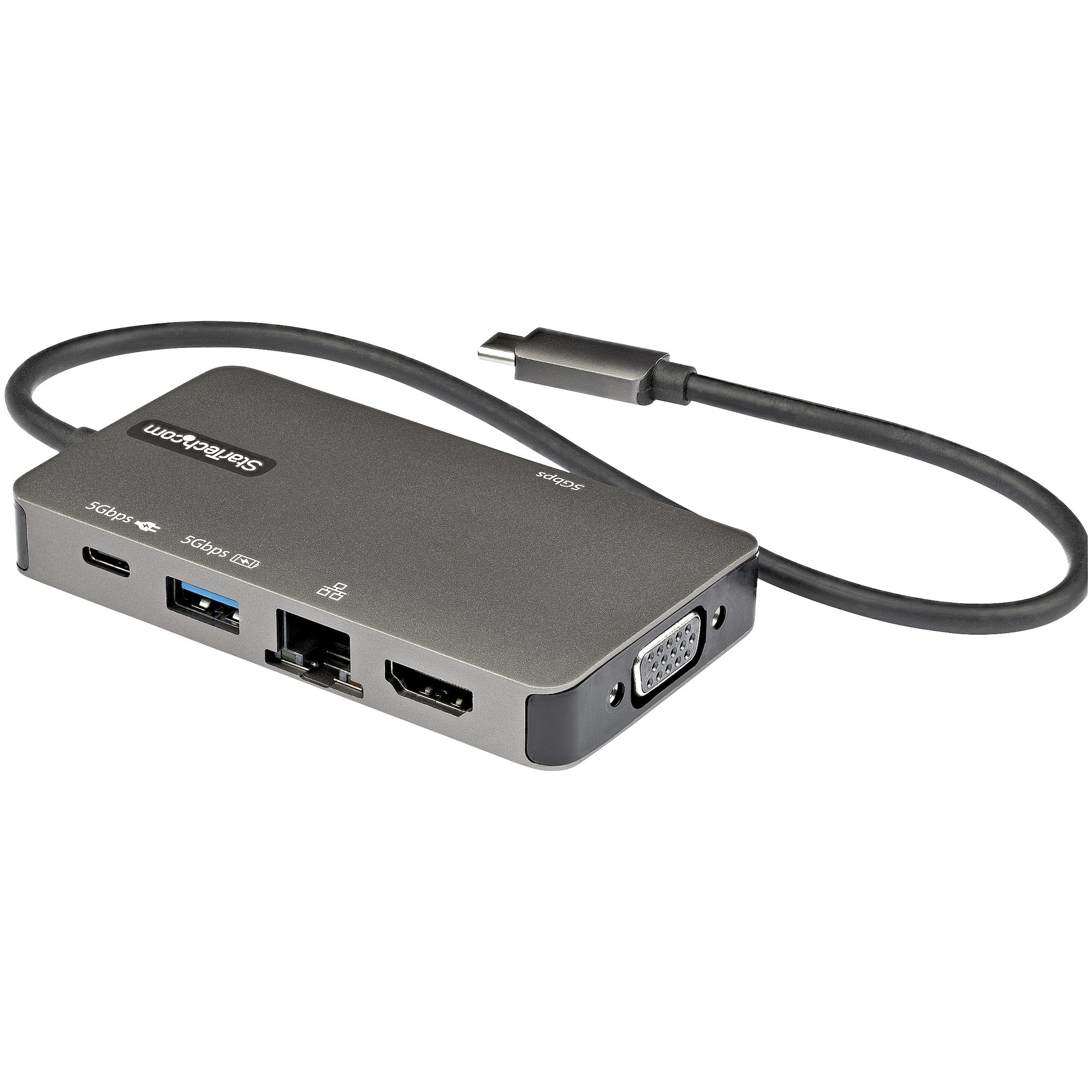 Startech USB-C Multiport Adapter, USB-C to 4K 30Hz HDMI or 1080p VGA, USB Type-C Mini Dock with 100W Power Delivery Passthrough, 3-Port USB 3.0 Hub 5Gbps, GbE, 12" Long Attached Cable - Works w/ Thunderbolt 3 (DKT30CHVPD2) - Docking station - USB-C - VGA,