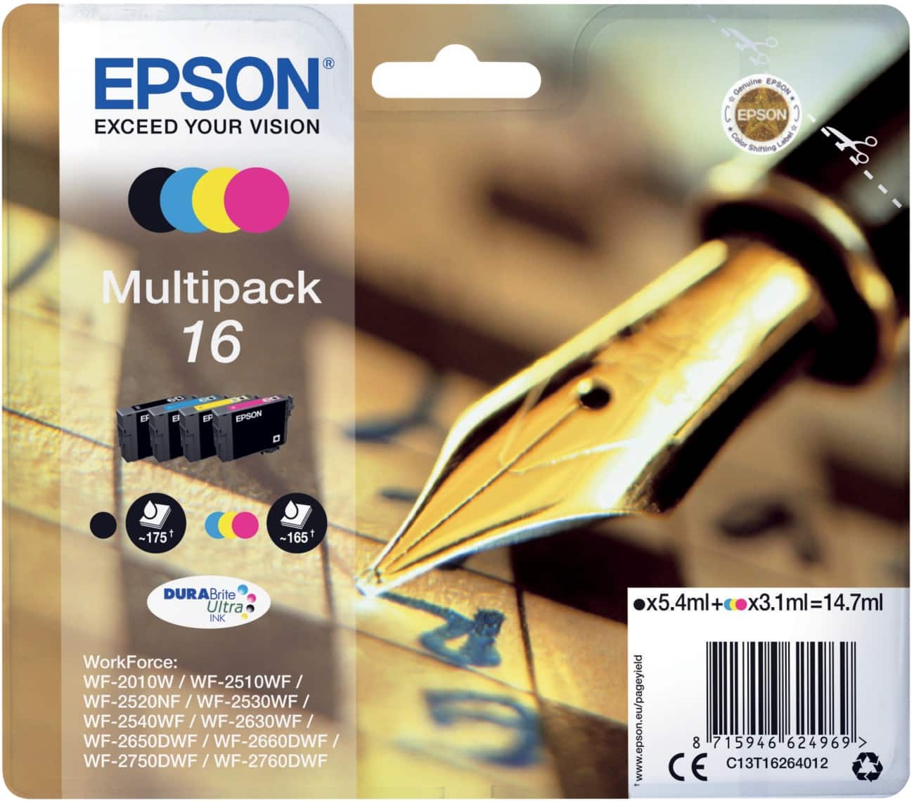 Epson 16 Series Original Ink Cartridges Multipack - Black, Cyan, Magenta, Yellow (C13T16264012)