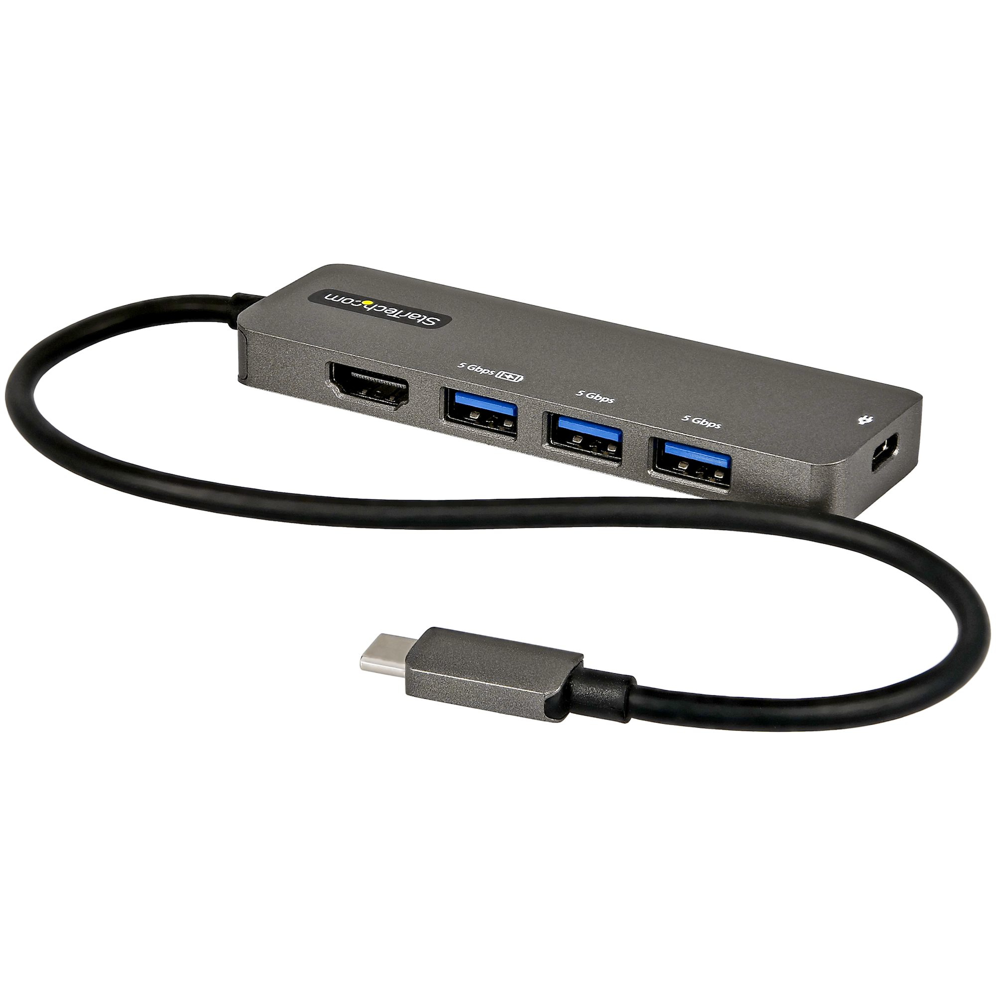 Startech USB C Multiport Adapter, USB-C to HDMI 2.0b 4K 60Hz (HDR10), 100W Power Delivery Pass-Through, 4-Port 5Gbps USB 3.0 Hub, USB Type-C Mini Dock, with 12" (30cm) Attached Cable - Thunderbolt 3 Compatible (DKT30CHPD3) - Docking station - USB-C - HDMI