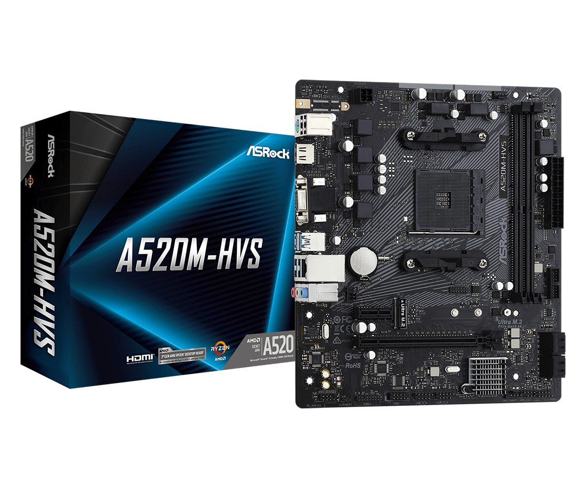 ASRock A520M-HVS Super Alloy AMD AM4 Socket Motherboard, Micro-ATX, 2x DDR4 Slots, 1x M.2 Socket, GbE LAN, 1x D-Sub / 1x HDMI Port