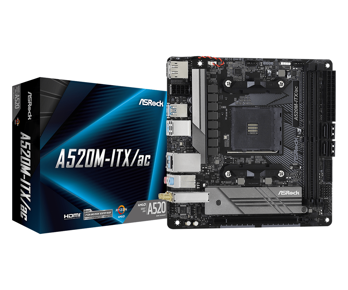 ASRock A520M-ITX/ac AMD AM4 Socket Motherboard, Mini-ITX, 2x DDR4 Slots, 1x M.2 Socket, GbE LAN, Wi-Fi 5, 1x DisplayPort / 1x HDMI Port