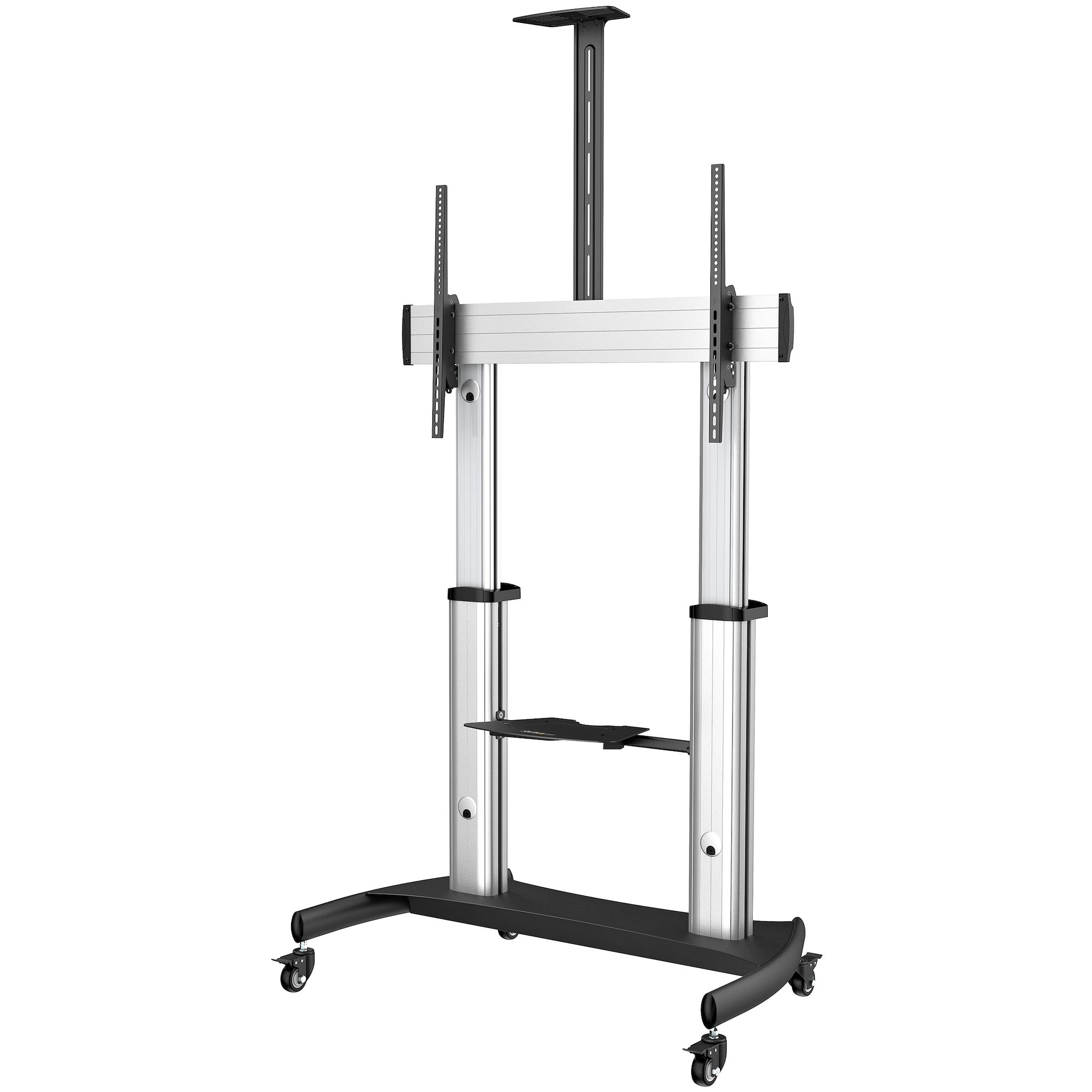 Startech Mobile TV Stand, Heavy Duty TV Cart for 60-100" Display (100kg/220lb), Height Adjustable Rolling Flat Screen Floor Standing on Wheels, Universal Television Mount w/Shelves - W/ 2 equipment shelves - Cart - for flat panel - aluminium, steel - blac