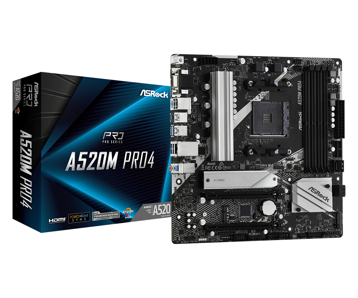 ASRock A520M PRO4 Super Alloy AMD AM4 Socket Motherboard, Micro-ATX, 4x DDR4 Slots, 1x M.2 Socket, GbE LAN, 1x D-Sub / 1x DisplayPort / 1x HDMI Port