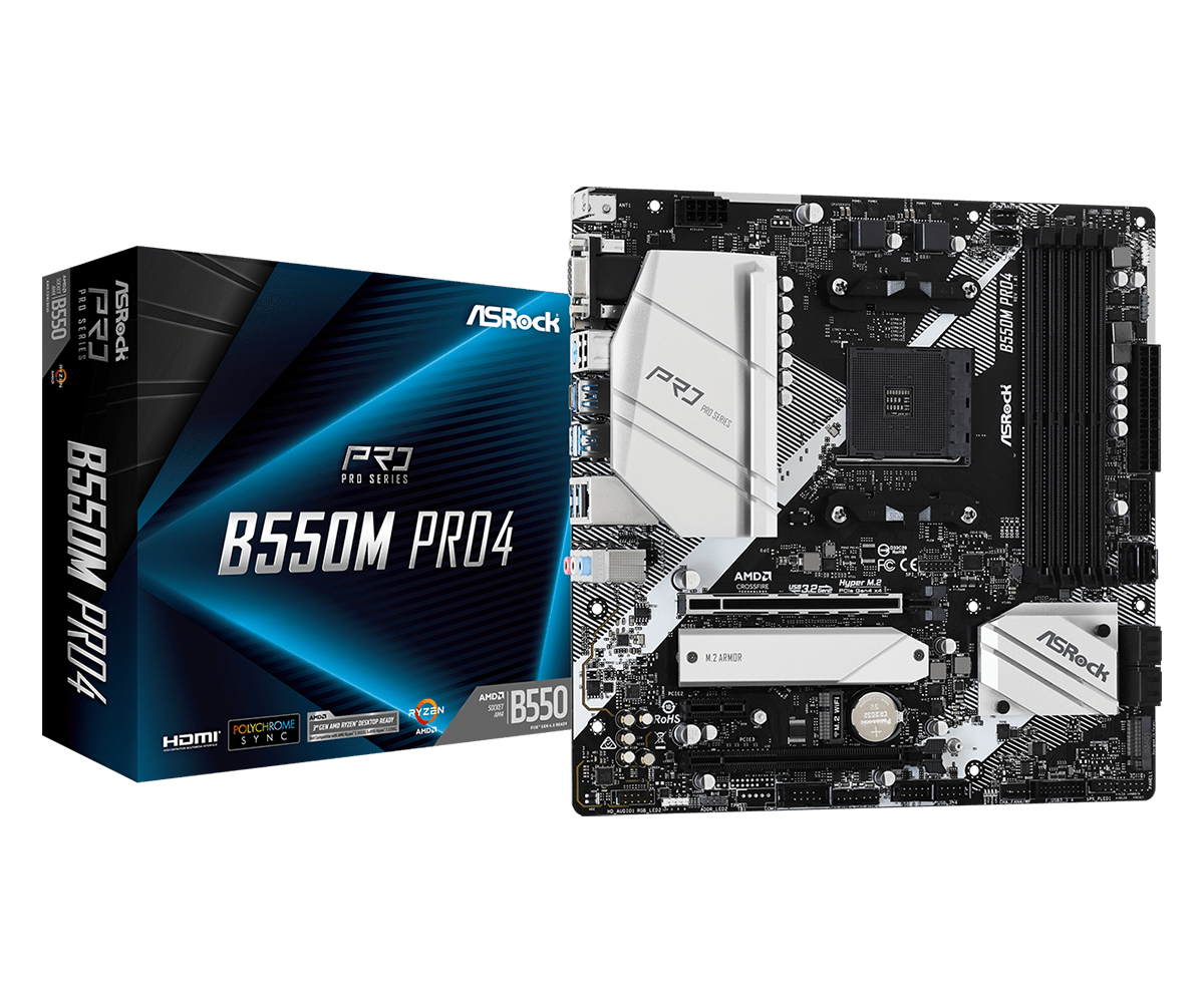 ASRock B550M Pro4 AMD AM4 Socket Motherboard, Micro-ATX, 4x DDR4 Slots, 2x M.2 Sockets, GbE LAN, 1x D-Sub / 1x DisplayPort / 1x HDMI Port