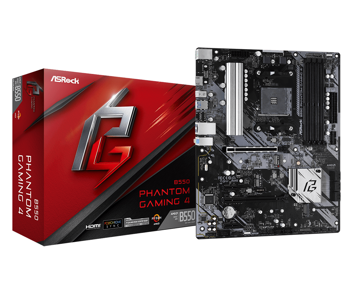 ASRock B550 Phantom Gaming 4 Super Alloy AMD AM4 Socket Motherboard, ATX, 4x DDR4 Slots, 2x M.2 Sockets, GbE LAN, 1x HDMI Port
