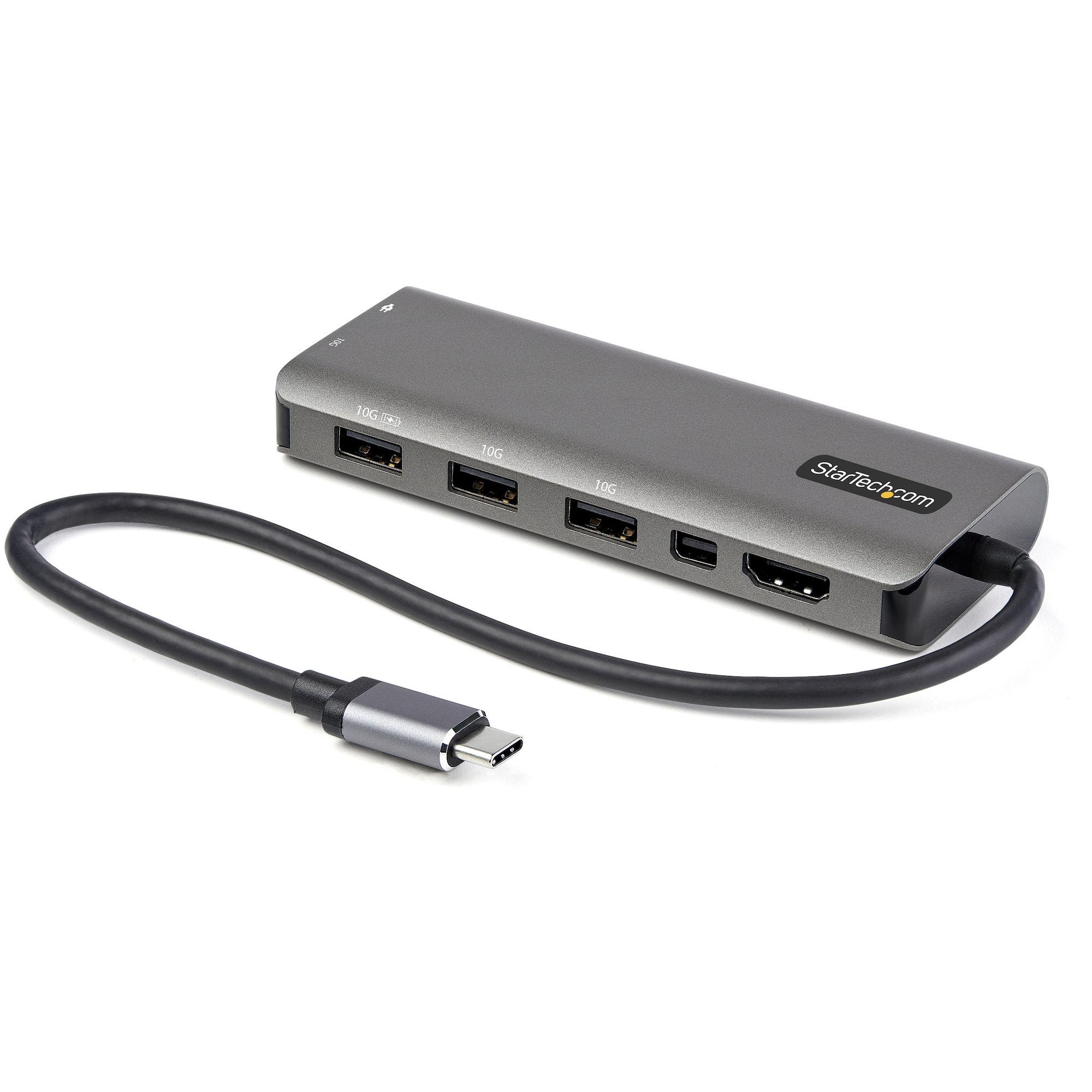 Startech USB C Multiport Adapter, USB-C to HDMI or Mini DisplayPort 4K 60Hz, 100W Power Delivery Pass-Through, 4-Port 10Gbps USB Hub, USB Type-C Mini Dock, 12"/30cm Long Attached Cable - Works w/ Thunderbolt 3 (DKT31CMDPHPD) - Docking station - USB-C / Th
