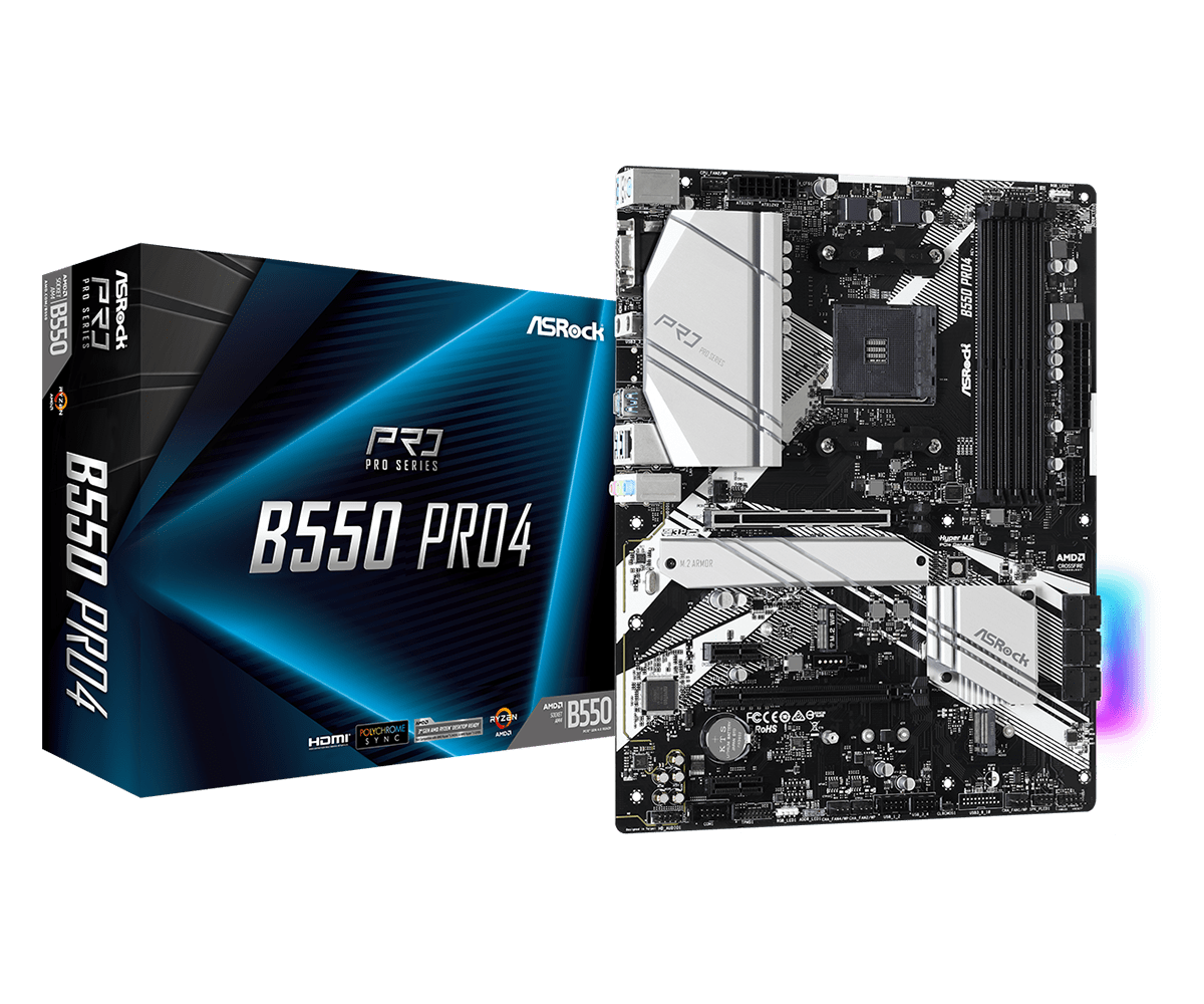 ASRock B550 Pro4 AMD AM4 Socket Motherboard, ATX, 4x DDR4 Slots, 2x M.2 Sockets, GbE LAN, 1x D-Sub / 1x HDMI Port