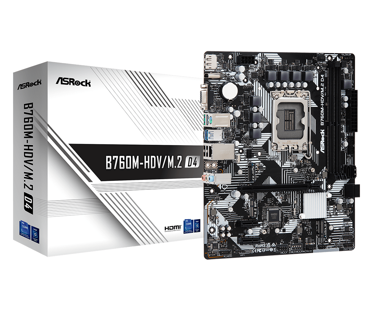 ASRock B760M-HDV/M.2 D4 Intel 1700 Socket Motherboard, Micro-ATX, 2x DDR4 Slots, 2x M.2 Sockets, GbE LAN, 1x D-Sub / 1x DisplayPort / 1x HDMI Port