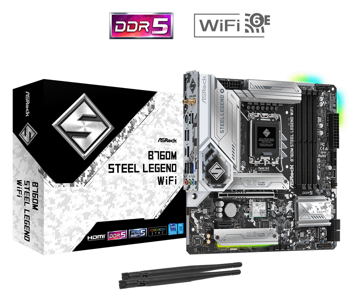 ASRock B760M Steel Legend WiFi Intel 1700 Socket Motherboard, Micro-ATX, 4x DDR5 Slots, 3x M.2 Sockets, Fitted I/O Shield, 2.5GbE LAN, Wi-Fi 6E, 1x DisplayPort / 1x HDMI Port
