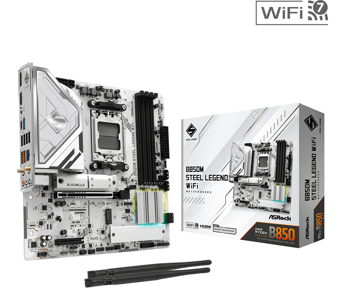 ASRock B850M Steel Legend WiFi AMD AM5 Socket Motherboard, Micro-ATX, 4x DDR5 Slots, 3x M.2 Sockets, Fitted I/O Shield, 2.5GbE LAN, Wi-Fi 7, 1x DisplayPort / 1x HDMI Port