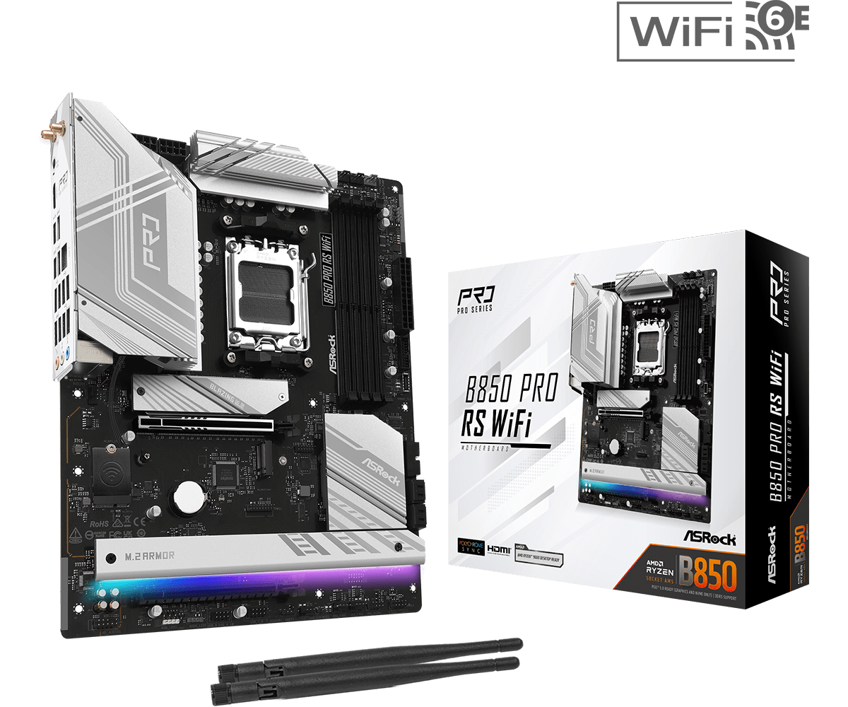 ASRock B850 Pro RS AMD AM5 Socket Motherboard, ATX, 4x DDR5 Slots, 4x M.2 Sockets, Fitted I/O Shield, 2.5GbE LAN, Wi-Fi 6E, 1x HDMI Port / 1x USB-C