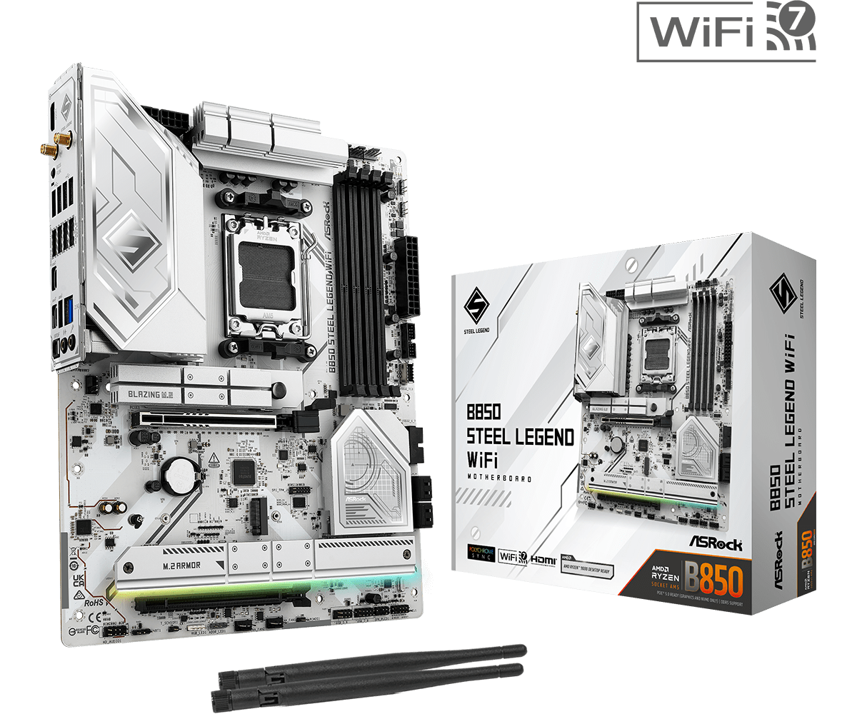 ASRock B850 Steel Legend WiFi AMD AM5 Socket Motherboard, ATX, 4x DDR5 Slots, 4x M.2 Sockets, Fitted I/O Shield, 2.5GbE LAN, Wi-Fi 7, 1x HDMI Port