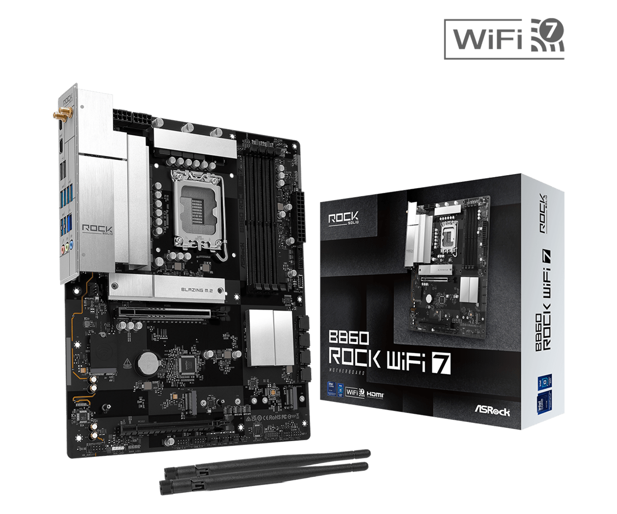 ASRock B860 Rock WiFi 7 Intel 1851 Socket Motherboard, ATX, 4x DDR5 Slots, 3x M.2 Socket, Fitted I/O Shield, 2.5GbE LAN, Wi-Fi 7, 1x HDMI Port