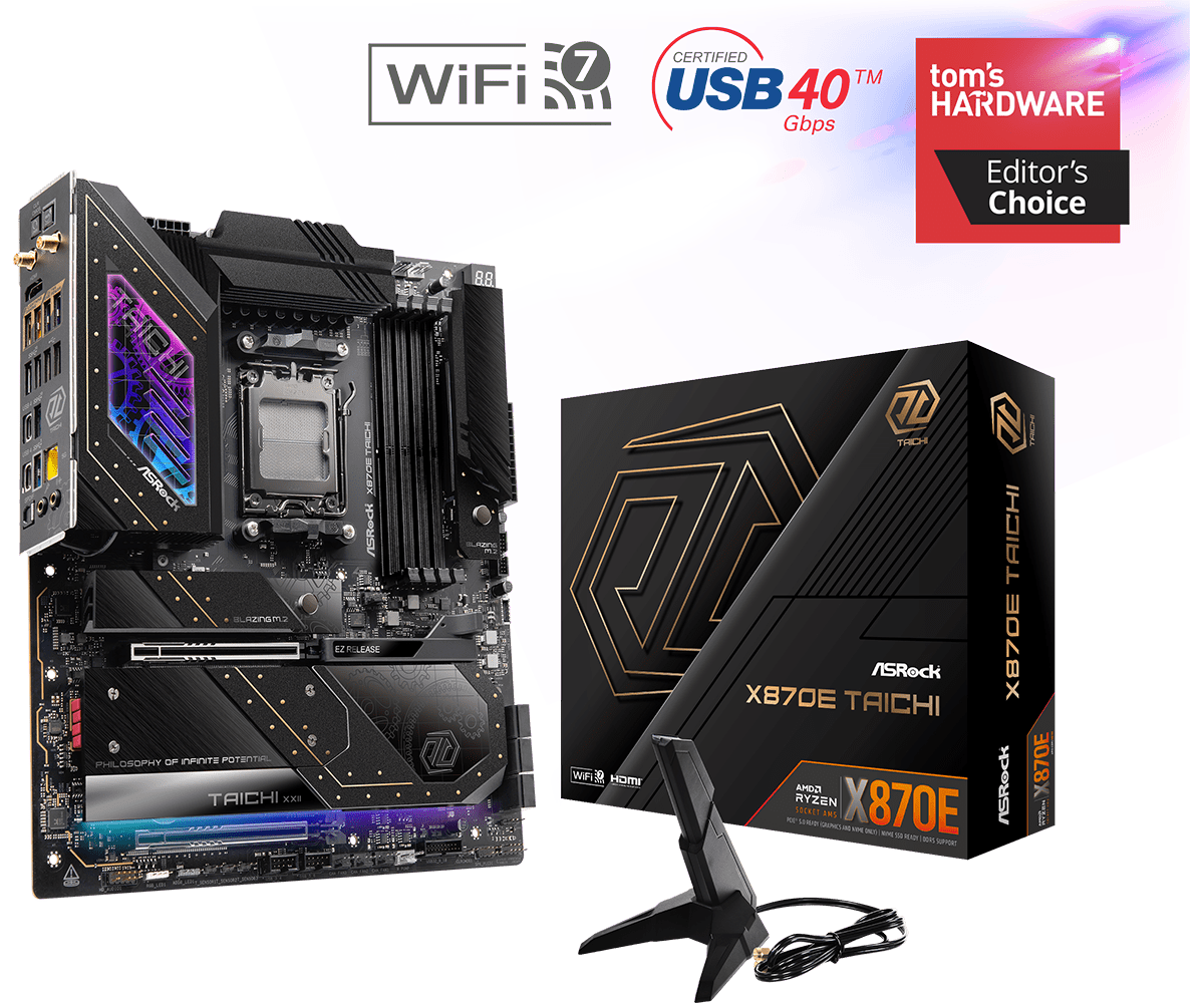 ASRock X870E TAICHI AMD AM5 Socket Motherboard, E-ATX, 4x DDR5 Slots, 4x M.2 Sockets, Fitted I/O Shield, 5GbE LAN, Wi-Fi 7, 1x HDMI Port / 2x USB-C (USB4)