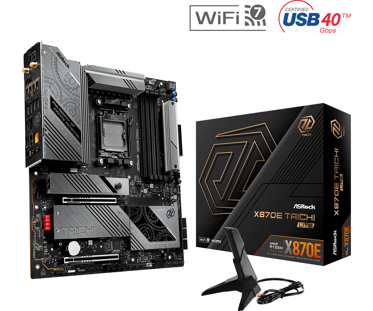 ASRock X870E TAICHI LITE AMD AM5 Socket Motherboard, E-ATX, 4x DDR5 Slots, 4x M.2 Sockets, Fitted I/O Shield, 5GbE LAN, Wi-Fi 7, 1x HDMI Port / 2x USB-C (USB4)