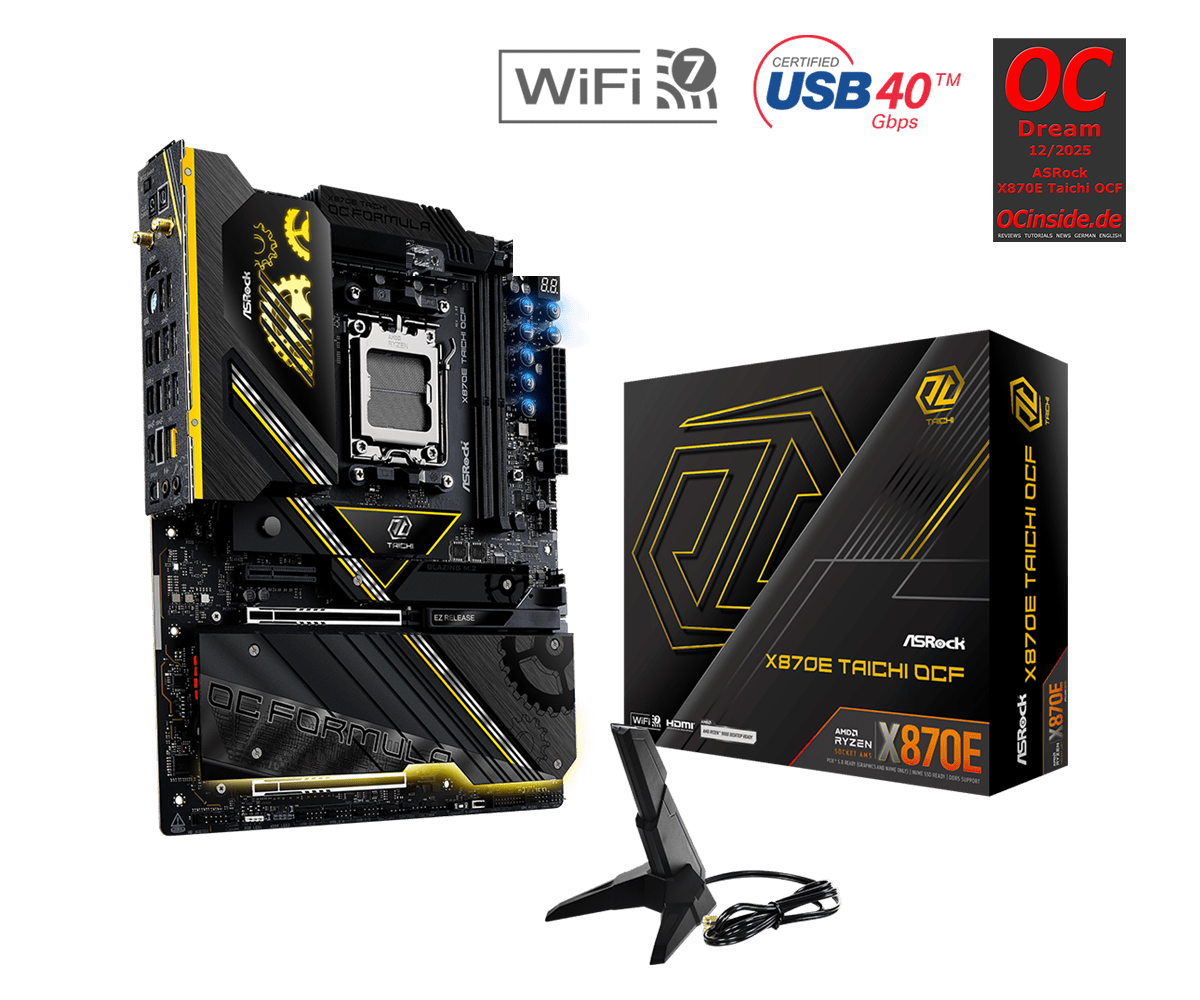 ASRock X870E TAICHI OCF AMD AM5 Socket Motherboard, ATX, 2x DDR5 Slots, 6x M.2 Socket, Fitted I/O Shield, 5GbE LAN, Wi-Fi 7, 1x HDMI Port
