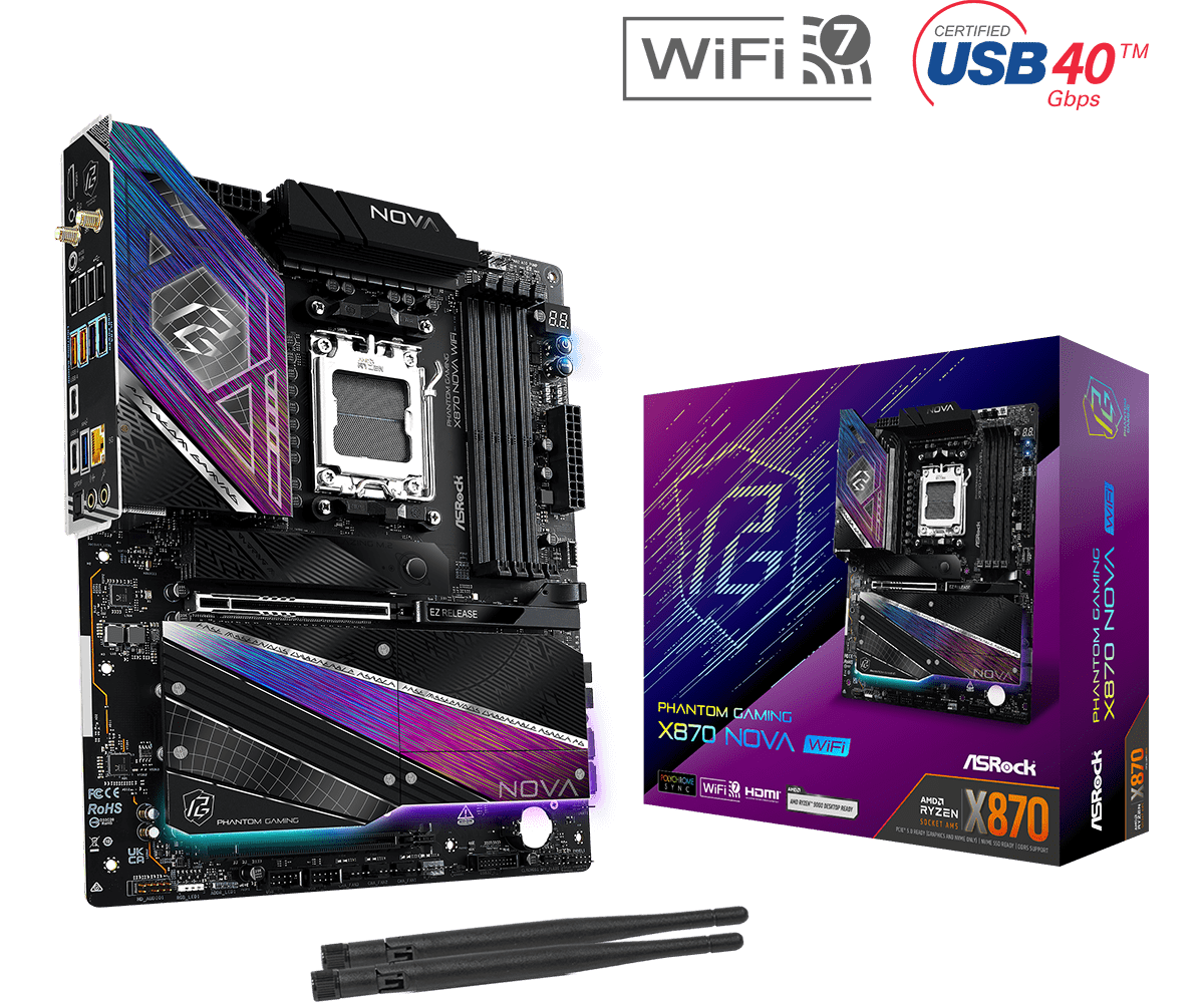 ASRock PHANTOM GAMING X870 Nova WiFi AMD Socket AM5 Motherboard, 4 x DDR5 Slots, 5x M.2 Socket, 5GbE LAN, Wi-Fi 7, 1x HDMI Port / 1x USB-C (USB4)