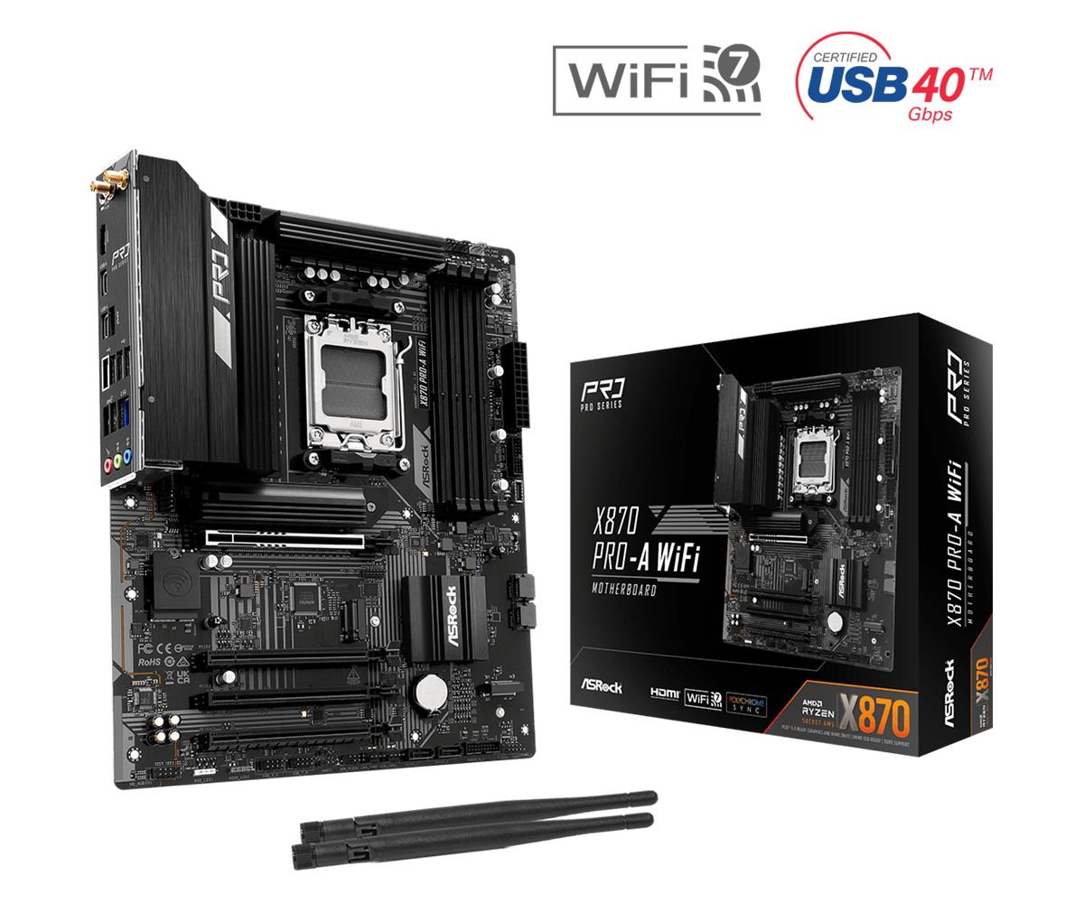 ASRock X870 Pro-A WiFi AMD AM5 Socket Motherboard, 4 x DDR5 Slots, 3x M.2 Socket, 2.5GbE LAN, Wi-Fi 7, 1x HDMI Port / 2x USB-C (USB4)
