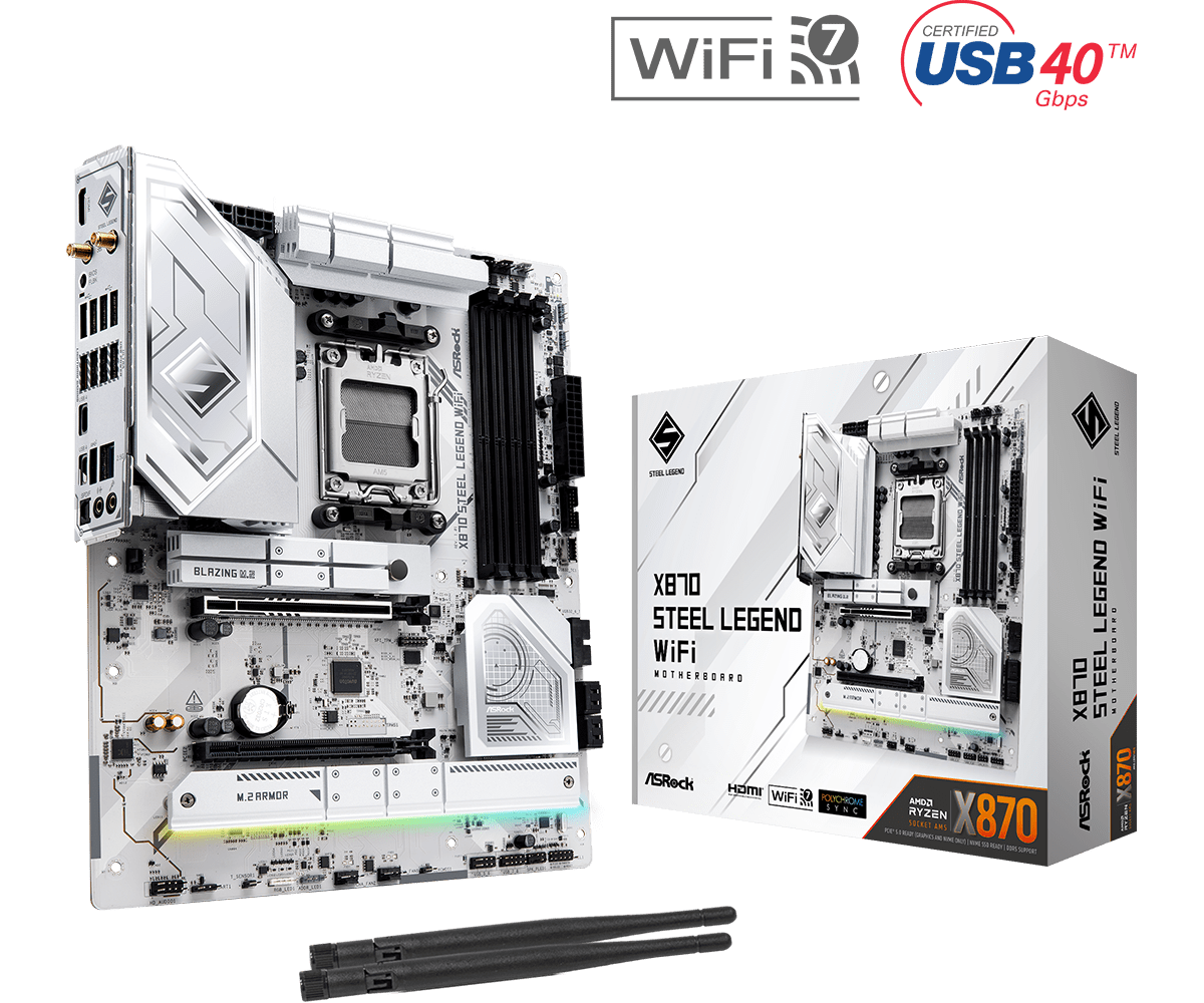 ASRock X870 STEEL LEGEND WIFI AMD AM5 Socket Motherboard, ATX, 4x DDR5 Slots, 3x M.2 Sockets, Fitted I/O Shield, 2.5GbE LAN, Wi-Fi 7, 1x HDMI Port / 2x USB-C (USB4)