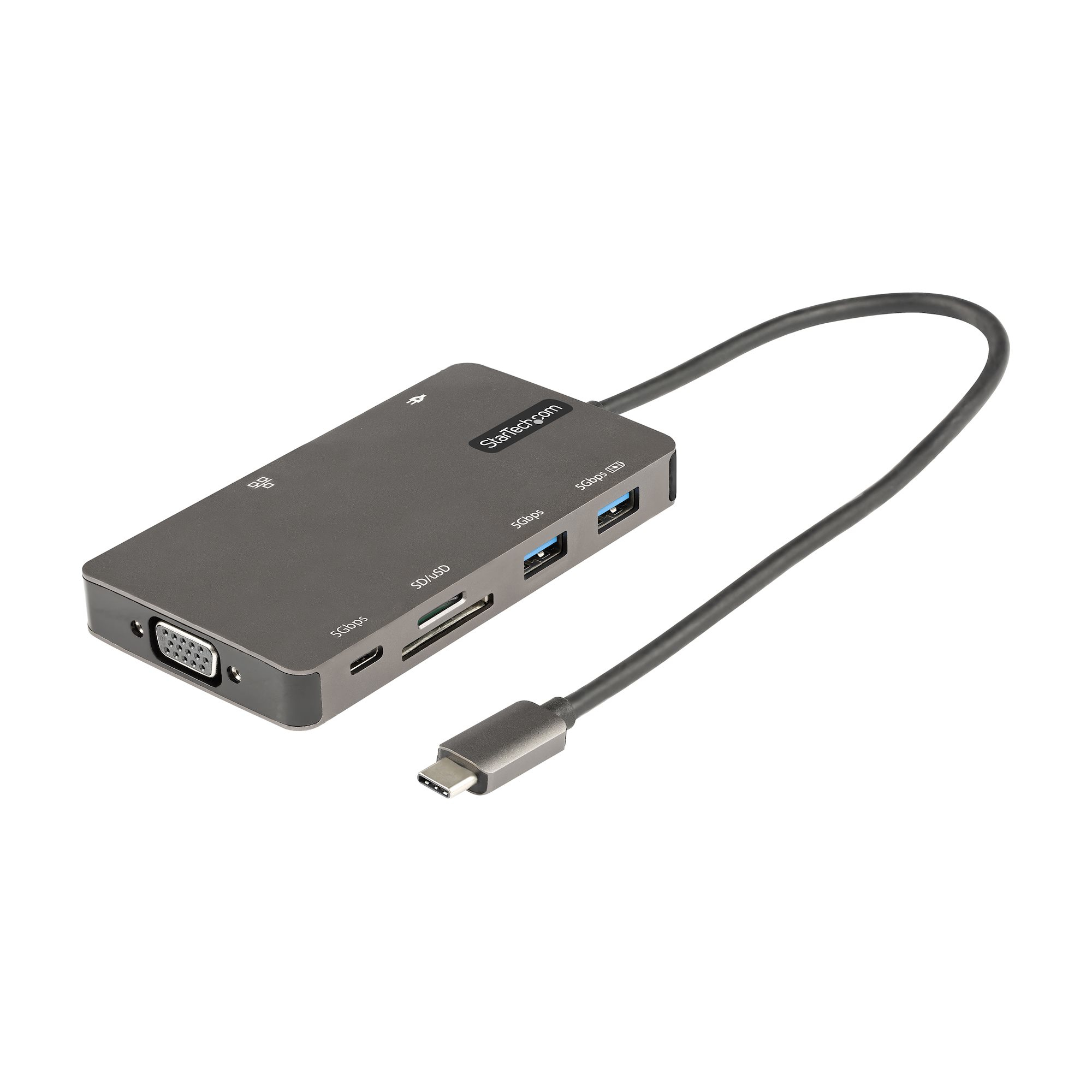 Startech USB C Multiport Adapter, HDMI 4K 30Hz or VGA Travel Dock, 5Gbps USB 3.0 Hub (USB A / USB C Ports), 100W Power Delivery, SD/MicroSD Slot, GbE, 12" (30cm) Long Attached Cable - USB C Mini Dock - Docking station - USB-C 3.2 Gen 1 - VGA, HDMI - 1GbE