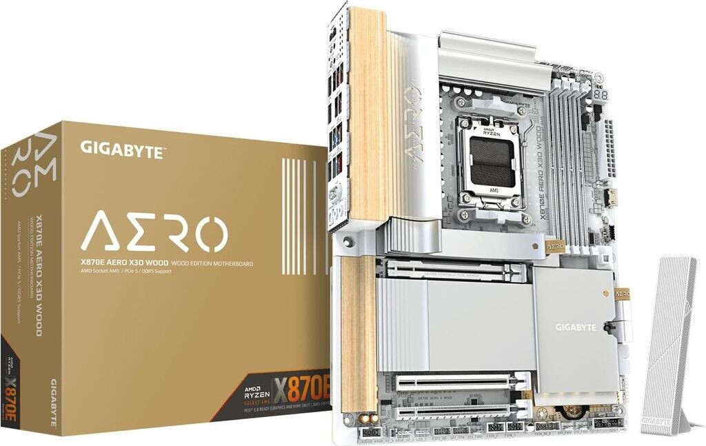 Gigabyte X870E AERO X3D WOOD AMD AM5 Socket Motherboard, ATX, 4x DDR5 Slots, 4x M.2 Sockets, Fitted I/O Shield, 2x 5GbE LAN, Wi-Fi 7, 1x HDMI Port / 2x USB-C (USB4)