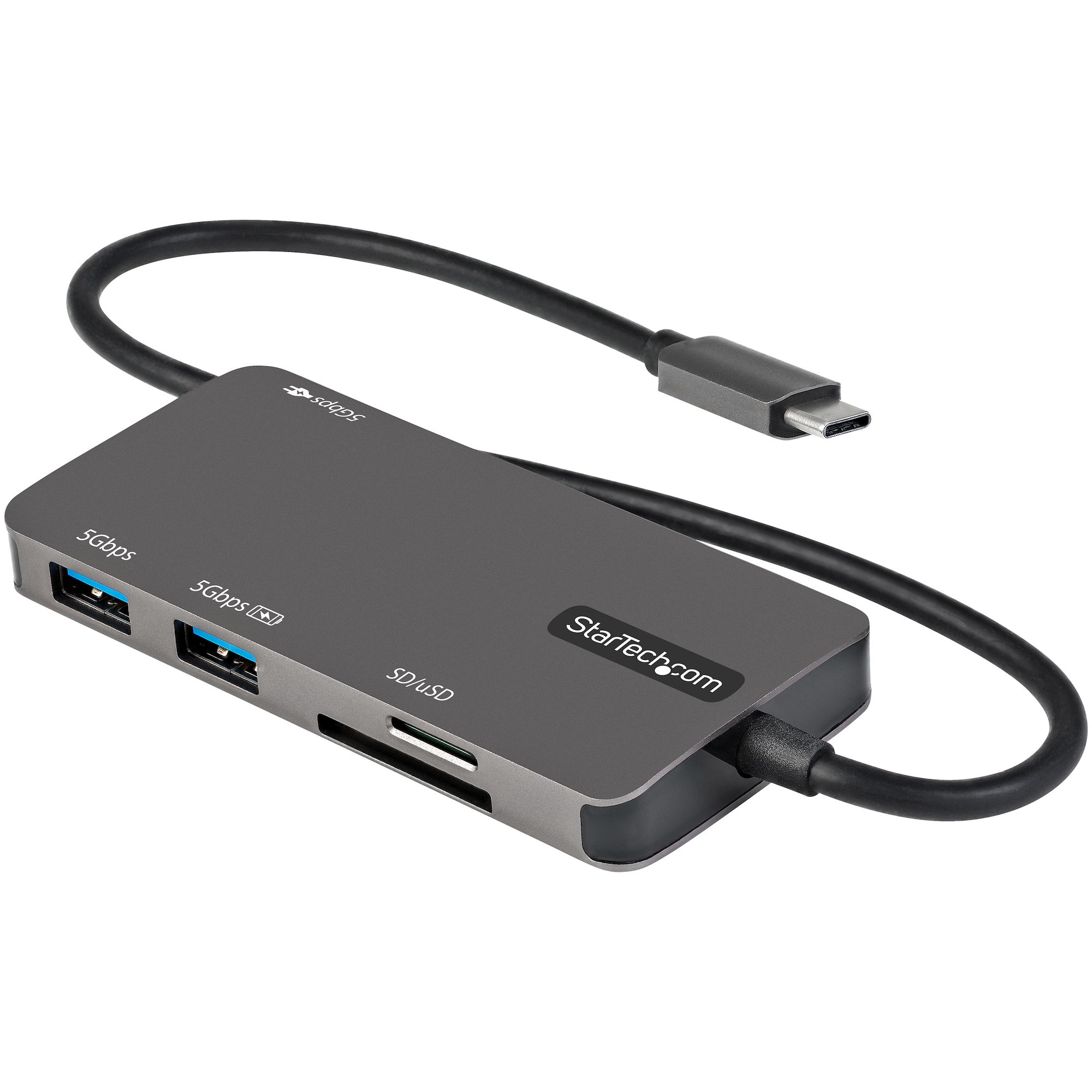 Startech USB C Multiport Adapter, USB-C to 4K 30Hz HDMI, 100W Power Delivery Pass-through, SD/MicroSD Slot, 3-Port USB 3.0 Hub, USB Type-C Mini Dock, 12" (30cm) Long Attached Cable - Thunderbolt 3 Compatible (DKT30CHSDPD) - Docking station - USB-C / Thund