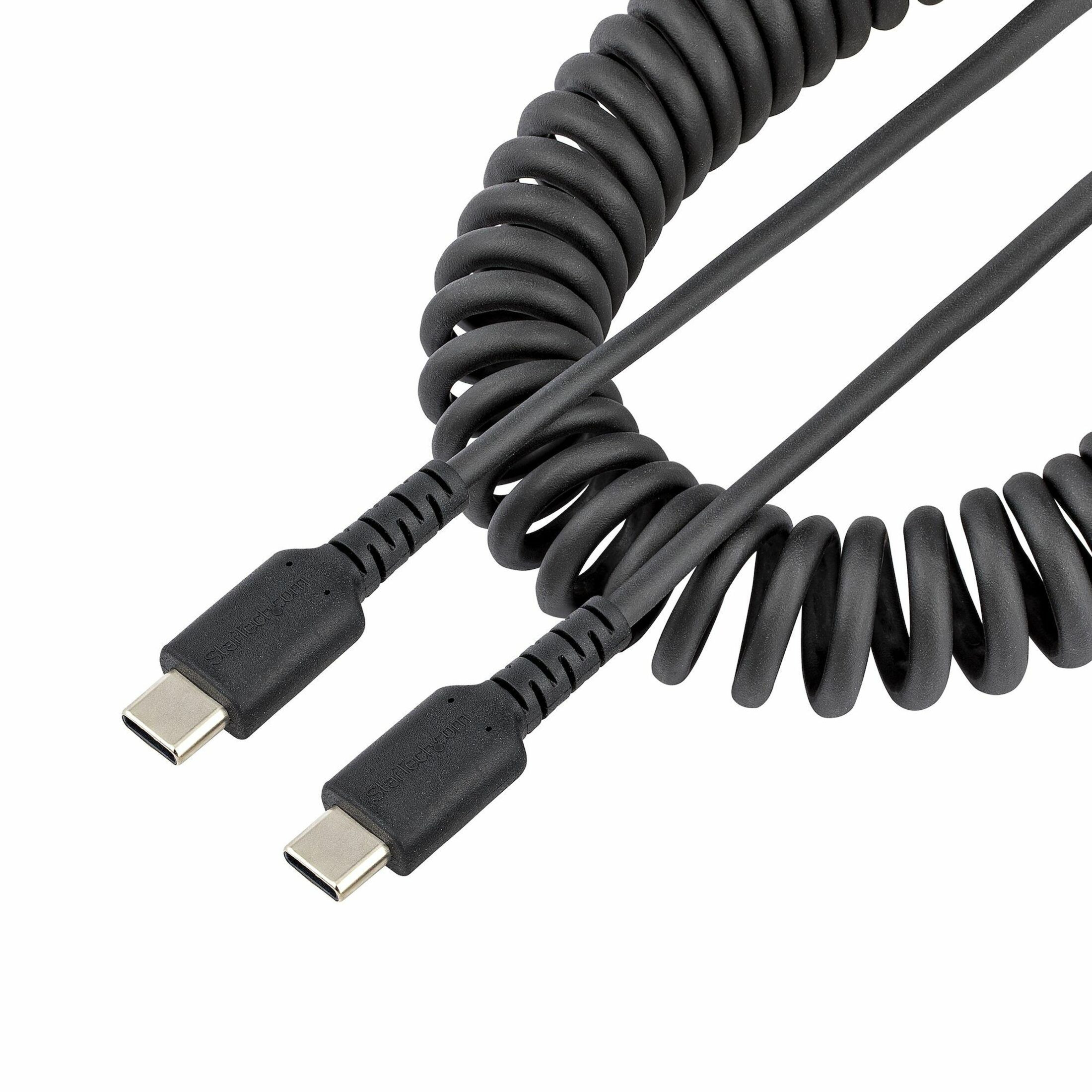 StarTech 20in (50cm) USB C Charging Cable, Coiled Heavy Duty Fast Charge & Sync USB-C Cable, High Quality USB 2.0 Type-C Cable, Rugged Aramid Fiber, TPE, 3A, S20, iPad, Pixel - Durable Male to Male USB, Black - USB cable - USB-C (M) to USB-C (M) - USB 2.0