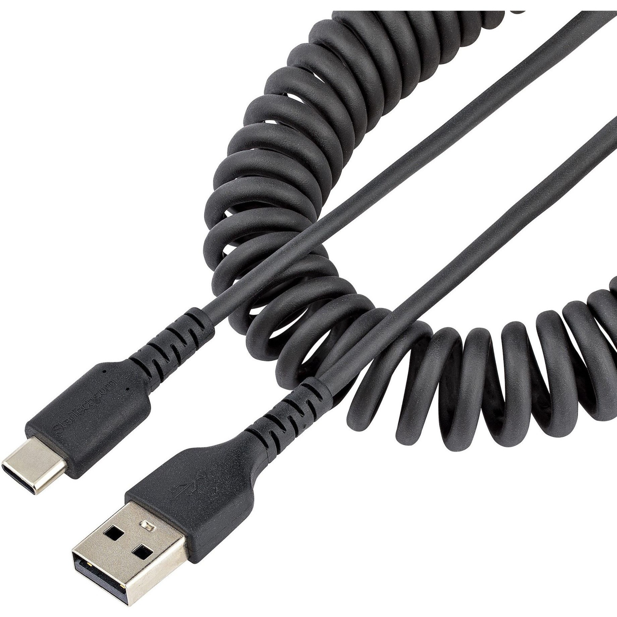 StarTech 3ft (1m) USB A to C Charging Cable, Coiled Heavy Duty Fast Charge & Sync USB-C Cable, High Quality USB 2.0 A to Type-C, Rugged Aramid Fiber, TPE, 3A, S20, iPad, Pixel - Durable Male to Male USB, Black - USB cable - USB (M) to USB-C (M) - USB 2.0