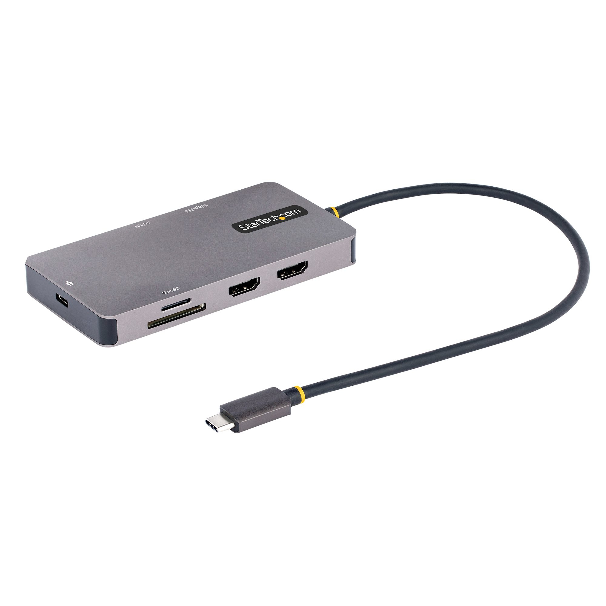 Startech USB C Multiport Adapter, Dual HDMI Video, 4K 60Hz, 2-Port 5Gbps USB-A Hub, 100W Power Delivery Charging, GbE, SD/MicroSD, USB Type-C Mini Travel Dock, 12"/30cm Cable - USB C Laptop Docking Station - Docking station - USB-C / Thunderbolt 3 / Thund