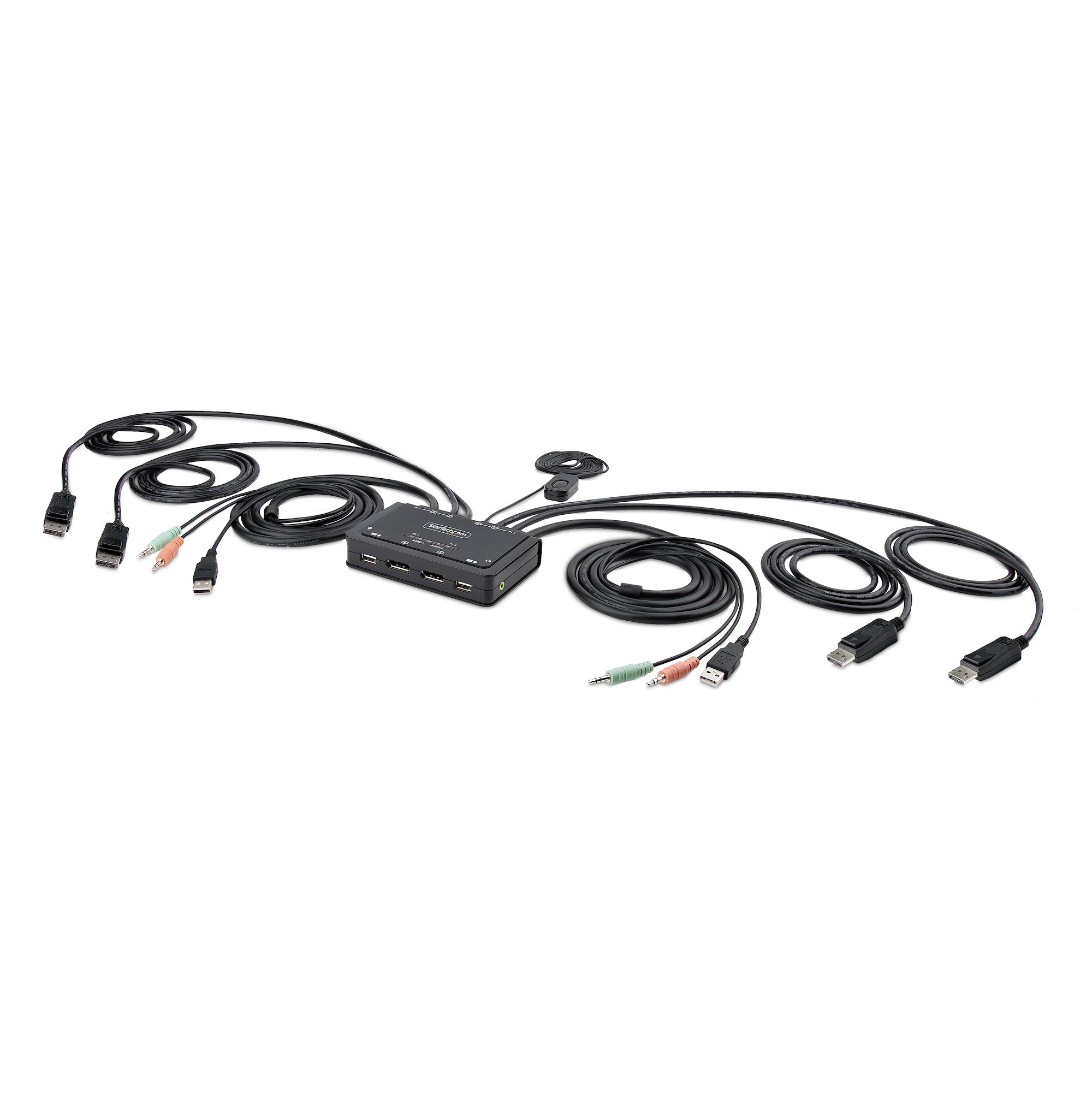 Startech 2-Port Dual-Monitor DisplayPort Cable KVM Switch, 4K 60Hz, Compact KVM with 5ft/1.5m USB-A/DisplayPort/Audio Integrated Cables, Bus Powered - Remote Push Button/Hotkey Switching (C2-DD46-UA2-CBL-KVM) - KVM / audio / USB switch - compact - 2 x KVM