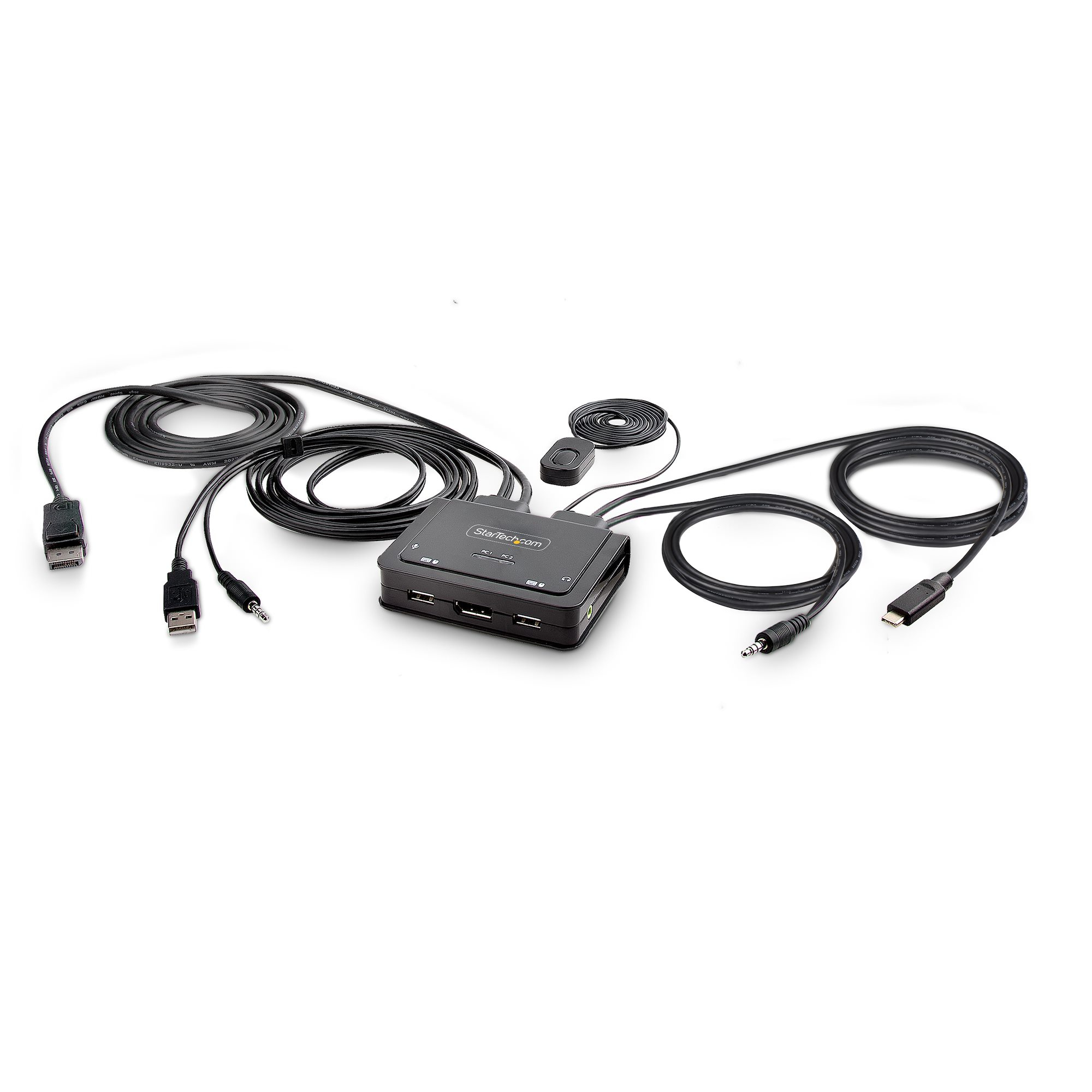 Startech 2-Port Hybrid USB-C DisplayPort Cable KVM Switch, 4K 60Hz, Compact KVM with 6ft/1.8m USB-A/DisplayPort/Audio & 4ft/1.2m USB-C Integrated Host Cables, Bus Powered - Remote Push Button/Hotkey Switching (C2-D46-UAC-CBL-KVM) - KVM / audio / USB switc
