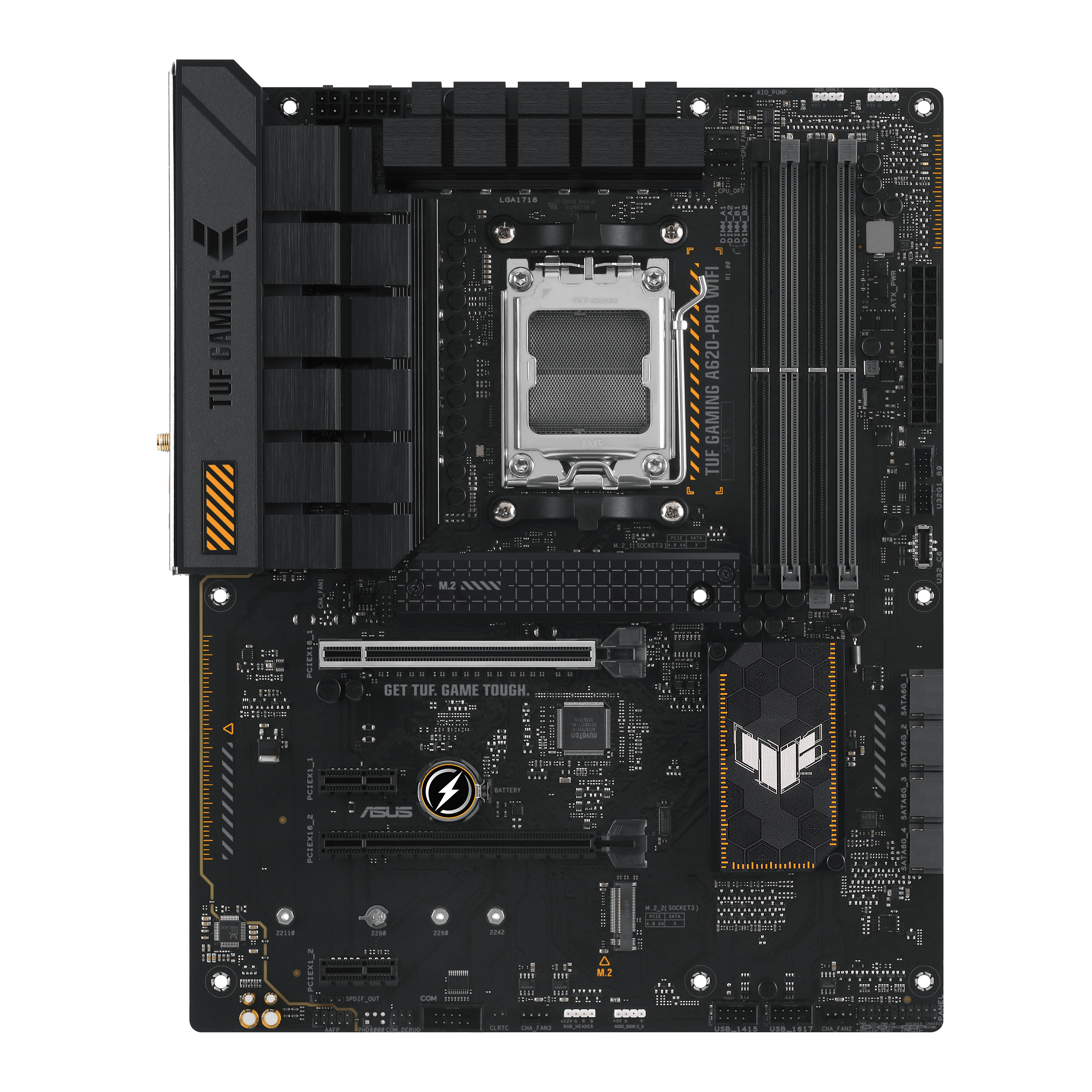 ASUS TUF GAMING A620-PRO WIFI - Motherboard - ATX - Socket AM5 - AMD A620 Chipset - USB 3.1 Gen 1, USB-C 3.2 Gen 1 - 2.5 Gigabit LAN, Wi-Fi 6, Bluetooth - onboard graphics (CPU required) - HD Audio (8-channel)