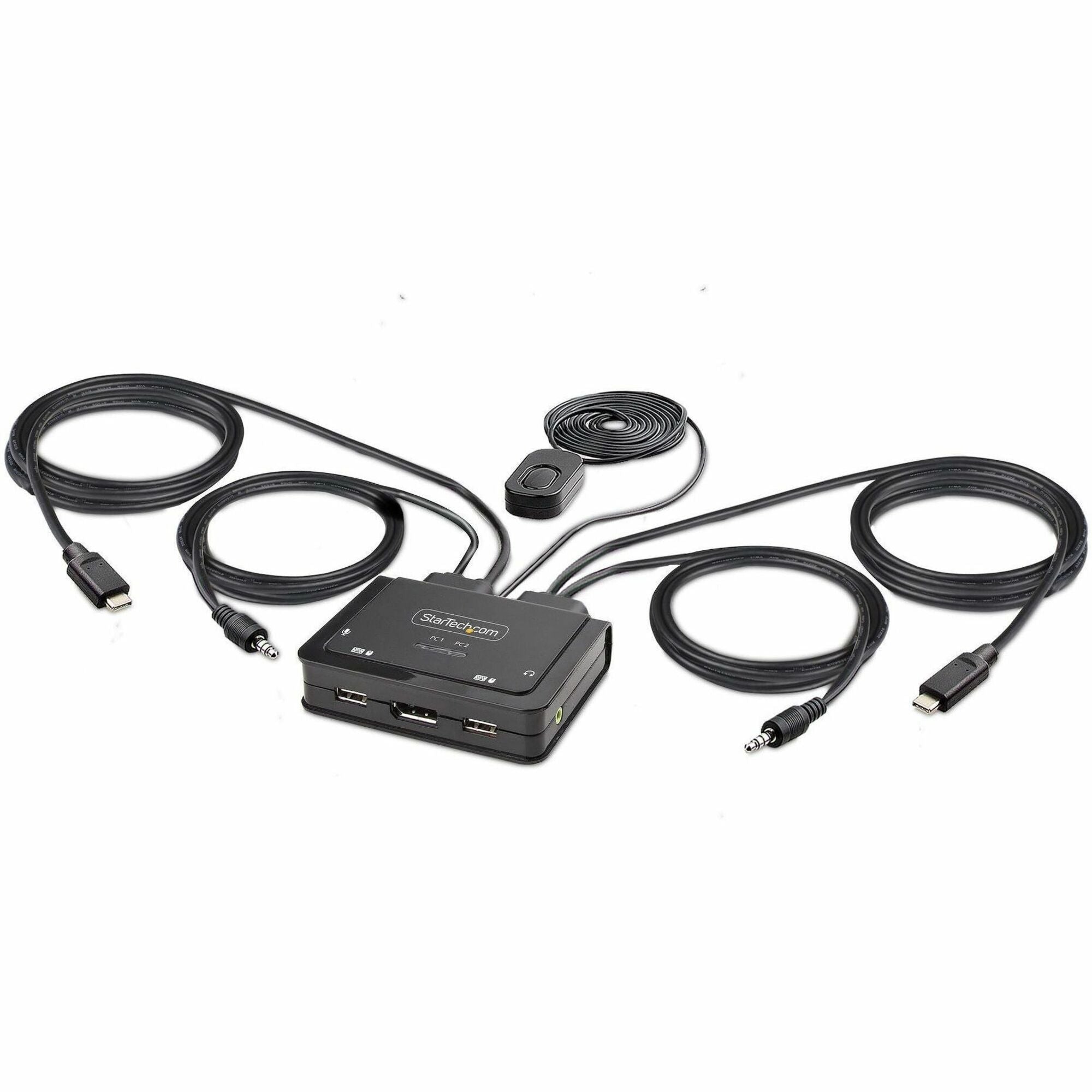 Startech 2-Port USB-C Cable KVM Switch, 4K 60Hz DisplayPort Output, Compact KVM with 4ft/1.2m USB Type-C/Audio Integrated Cables, Bus Powered - Remote Push-Button/Hotkey Switching (C2-D46-UC2-CBL-KVM) - KVM / audio switch - compact - 2 x KVM / audio - 1 l