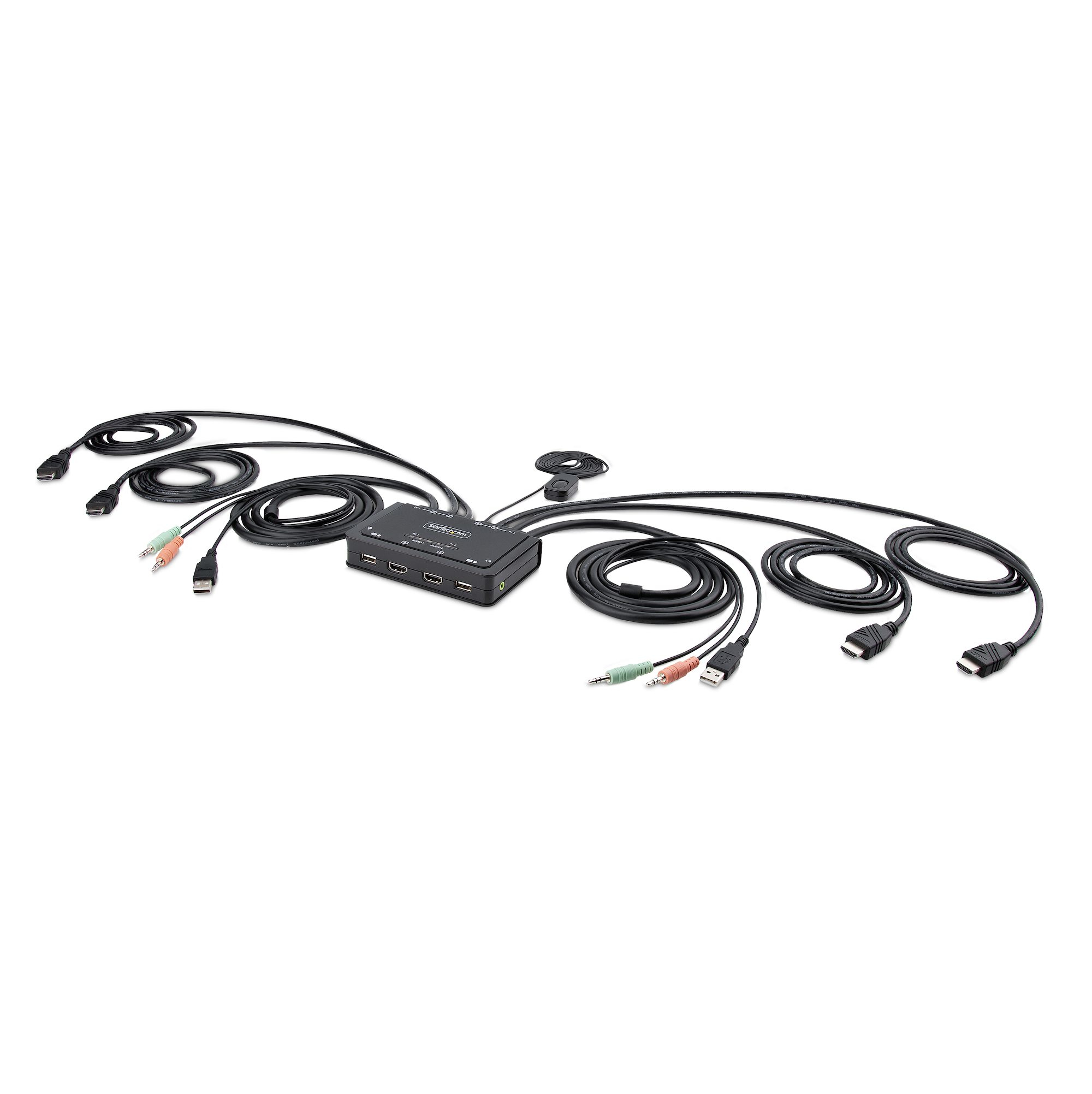 Startech 2-Port Dual-Monitor HDMI Cable KVM Switch, 4K 60Hz, Compact KVM with 5ft/1.5m USB-A/HDMI/Audio Integrated Cables, Bus Powered - Remote Push Button/Hotkey Switching (C2-DH46-UA2-CBL-KVM) - KVM / audio / USB switch - compact - 2 x KVM / audio / USB