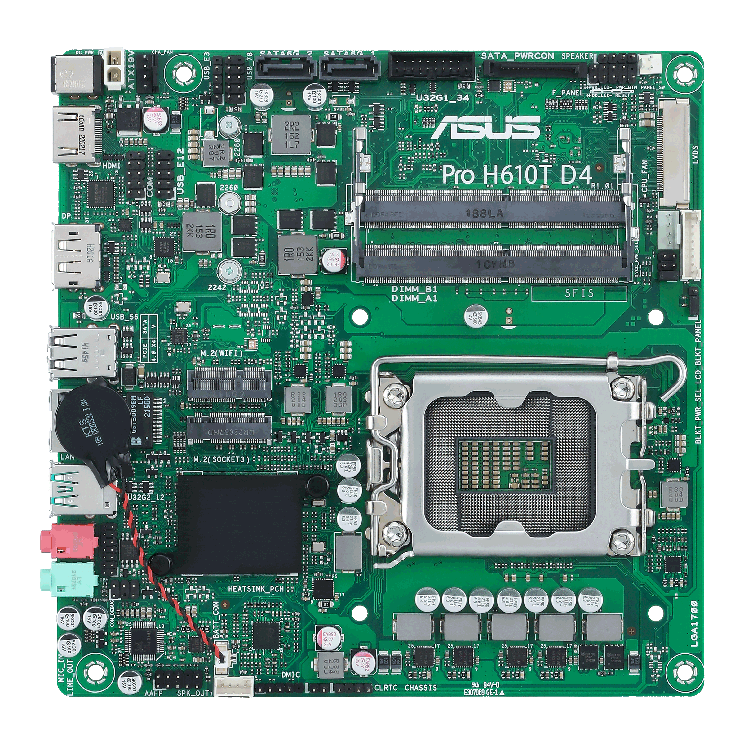 ASUS Pro H610T D4-CSM - Motherboard - Thin mini ITX - LGA1700 Socket - H610 Chipset - USB 3.2 Gen 1, USB 3.2 Gen 2 - Gigabit LAN - onboard graphics (CPU required) - HD Audio (8-channel)