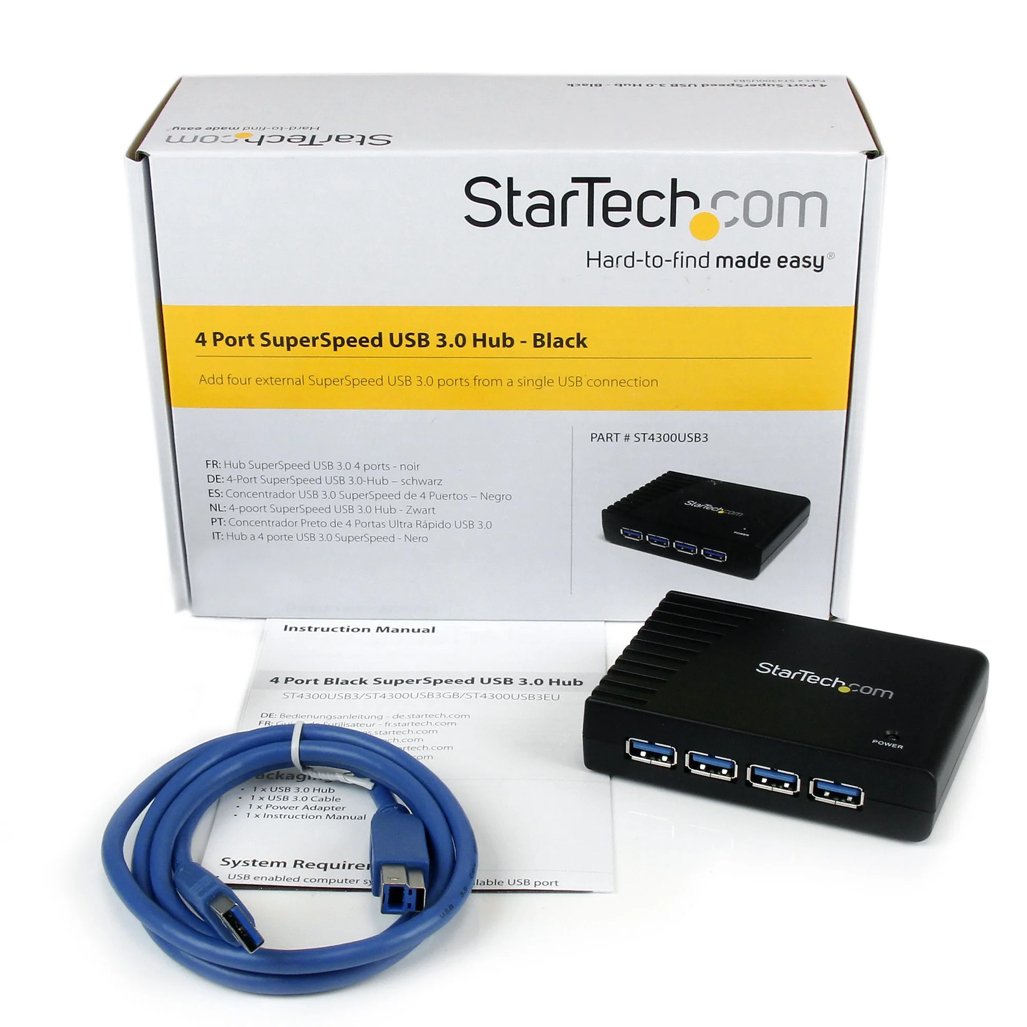 Startech 4-Port USB 3.0 SuperSpeed Hub with Power Adapter - Portable Multiport USB-A Dock IT Pro - USB Port Expansion Hub for PC/Mac (ST4300USB3) - Hub - 4 x SuperSpeed USB 3.0 - desktop