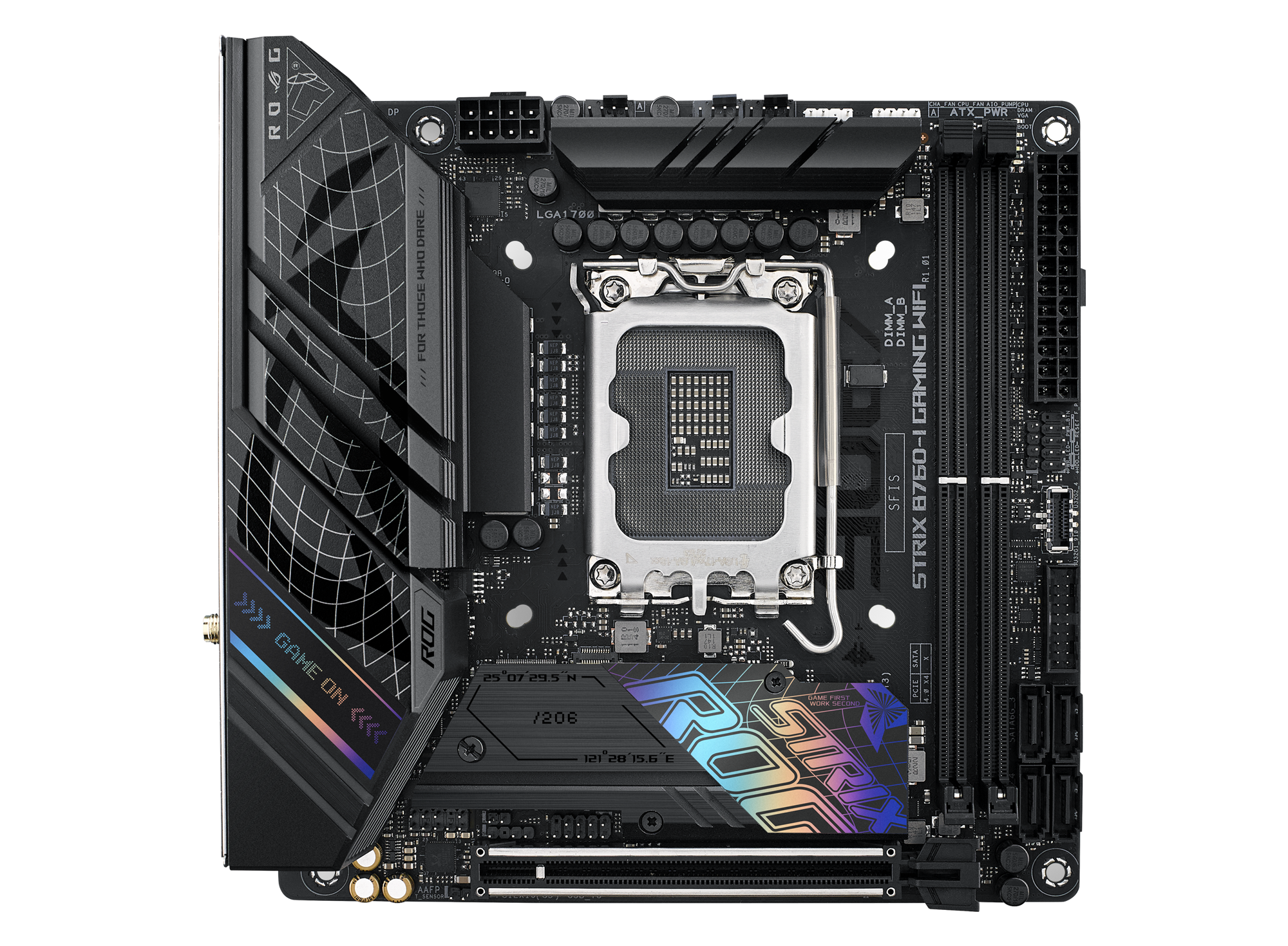 ASUS ROG STRIX B760-I GAMING WIFI - Motherboard - mini ITX - LGA1700 Socket - B760 Chipset - USB 3.2 Gen 1, USB-C 3.2 Gen 1, USB-C 3.2 Gen 2x2, USB-C 3.2 Gen2 - 2.5 Gigabit LAN, Wi-Fi 6E, Bluetooth - onboard graphics (CPU required) - HD Audio (8-channel)