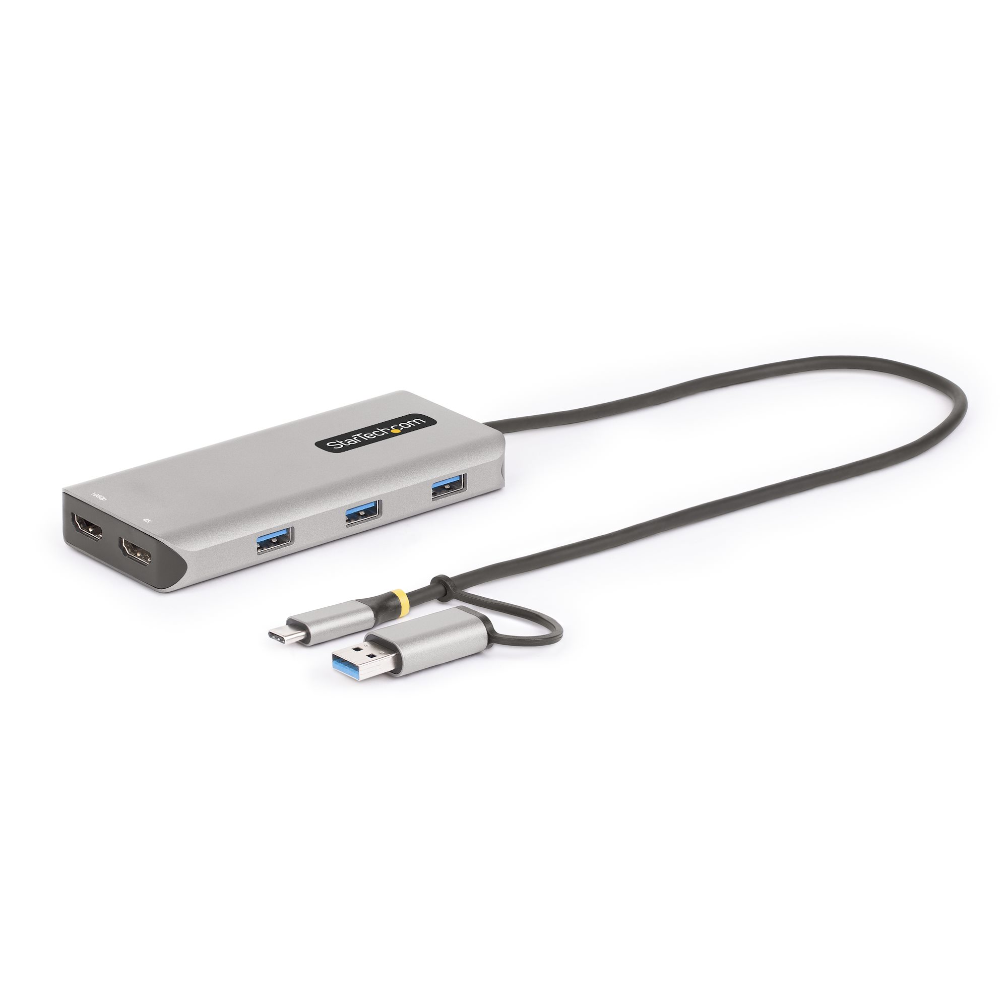 Startech USB-C Multiport Adapter w/Attached USB-C to USB-A Dongle, Dual HDMI (4K30Hz/1080p60Hz), 3x USB-A, Mini Laptop Docking Station, Travel Dock, 1.3ft/40cm Cable - Dual Display M1/M2 MacBook/Windows/Chrome (167B-USBC-MULTIPORT) - Docking station - USB