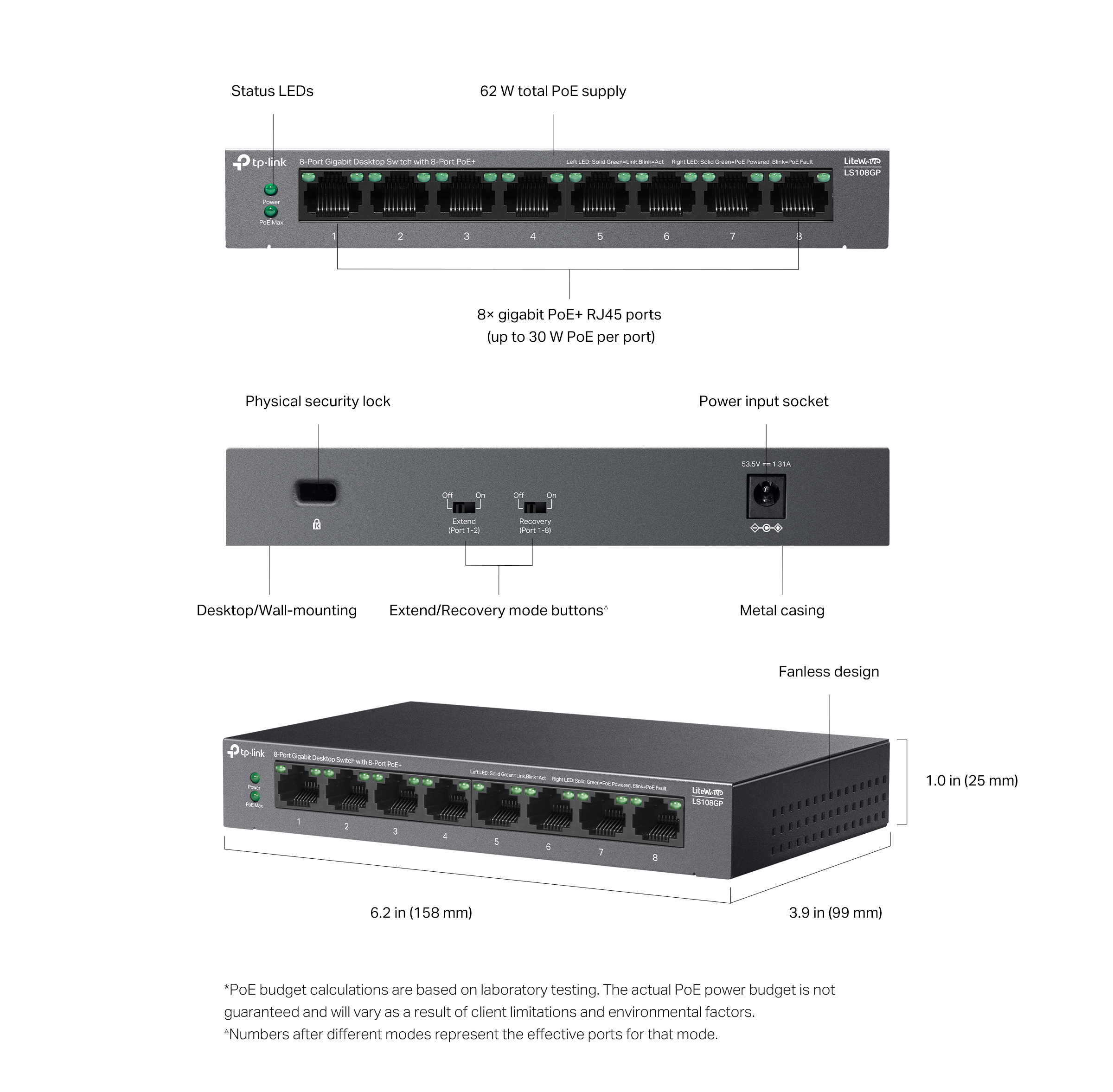 TP-Link LiteWave LS108GP V1 - Switch - 8 x 10/100/1000 (PoE+) - desktop, wall-mountable - PoE+ (62 W)