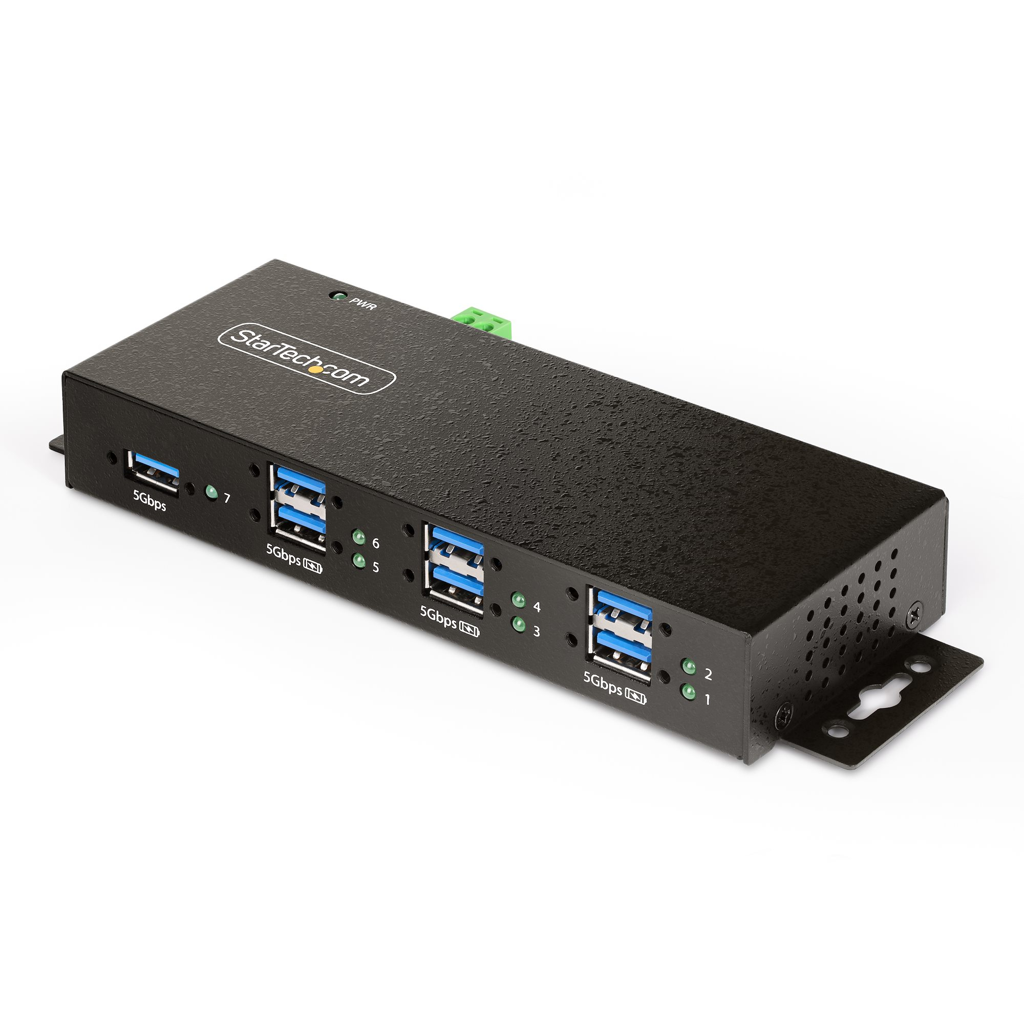 Startech 7-Port Managed USB Hub with 7x USB-A, Heavy Duty with Metal Industrial Housing, ESD & Surge Protection, Wall/Desk/Din-Rail Mountable, USB 3.0/3.1/3.2 Gen 1 5Gbps - Hub - 6 x USB 3.2 Gen 2 + 1 x USB 3.2 Gen 1 - desktop, DIN rail mountable, wall-mo