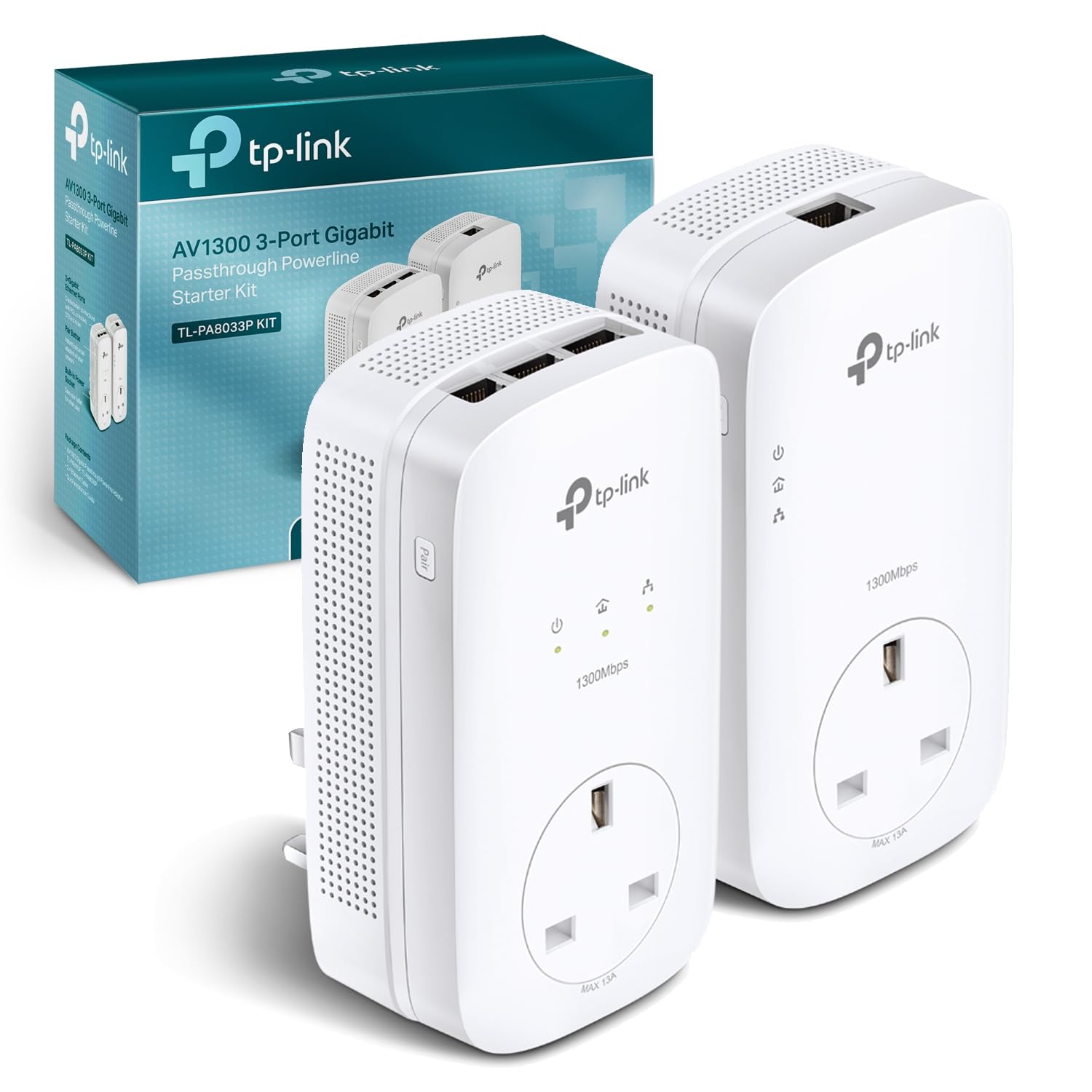 TP-Link TL-PA8033P KIT V4 - Starter Kit - powerline adapter kit 3-port switch - 1GbE, HomePlug AV (HPAV), HomePlug AV (HPAV) 2.0, IEEE 1901 - wall-pluggable
