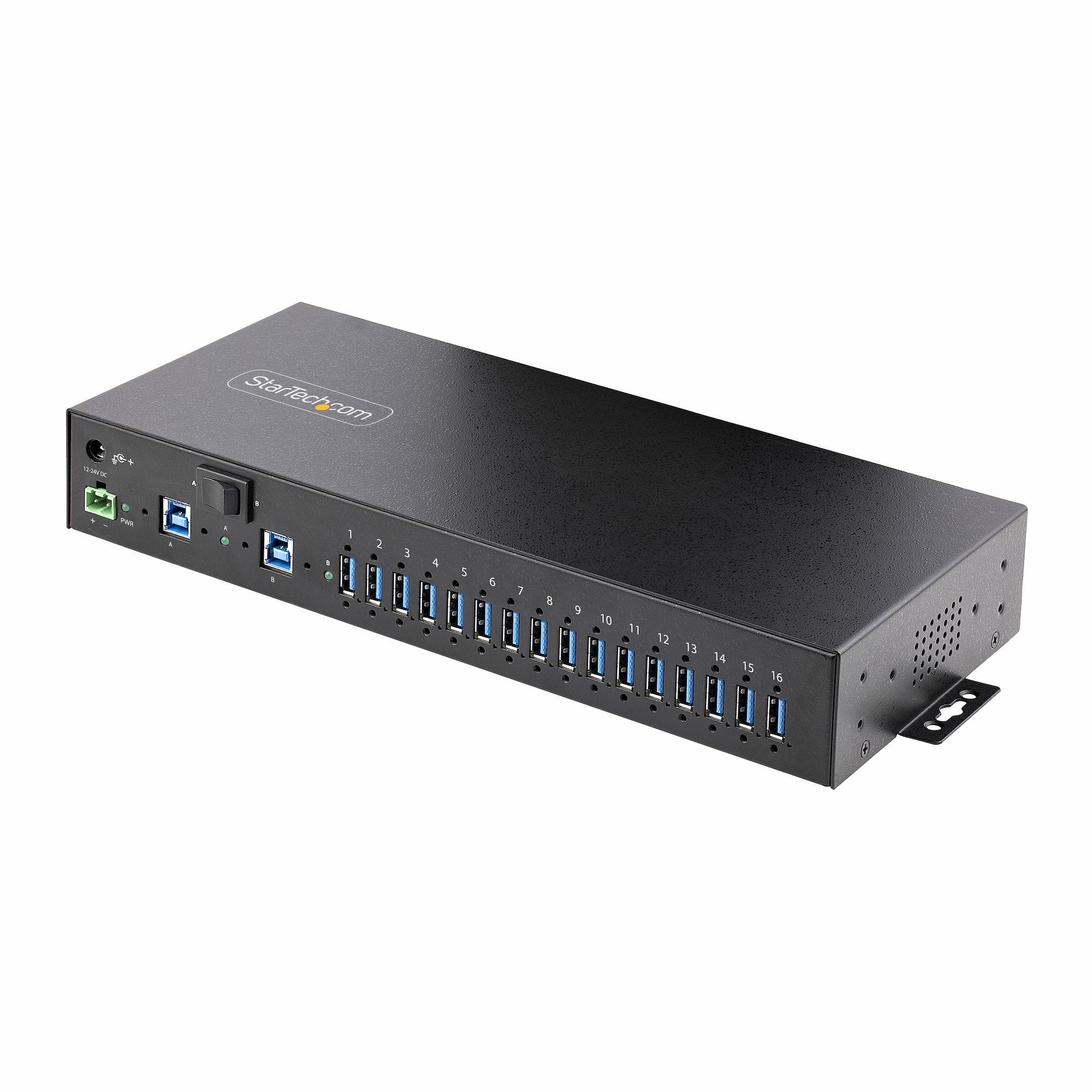 Startech 16-Port Industrial USB 5Gbps Hub with Power Adapter, Metal Enclosure, Mountable, ESD Protection, Terminal Block Power, USB Charging, Dual-Host Switch - TAA - Hub - 16 x USB 3.2 Gen 1 - desktop, rack-mountable, DIN rail mountable, wall-mountable -