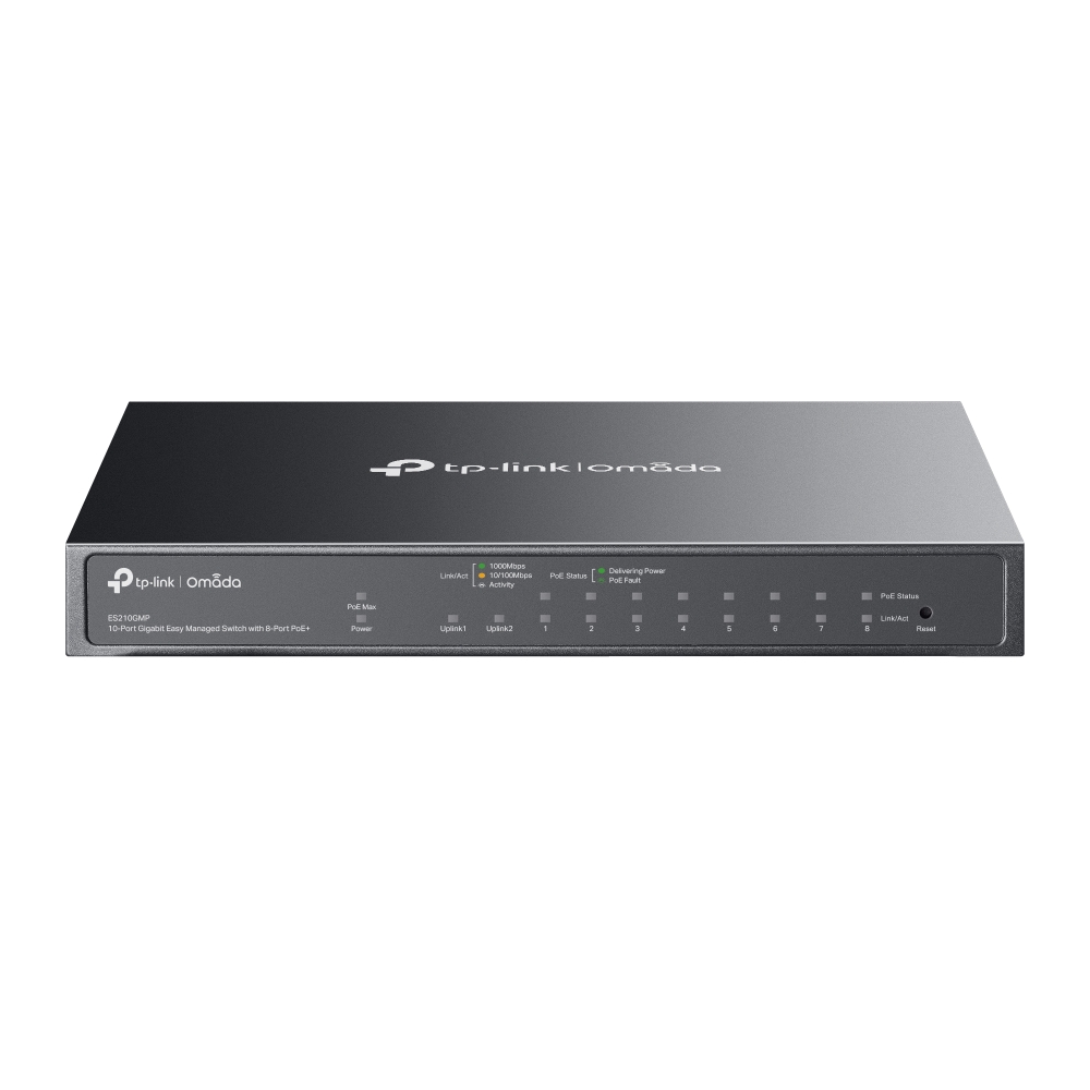 TP-Link Omada ES210GMP V1 - Switch - Managed - 8 x 10/100/1000 (PoE+) + 1 x 10/100/1000 + 1 x combo Gigabit SFP/RJ-45 (uplink) - desktop, wall-mountable - PoE+ (123 W)
