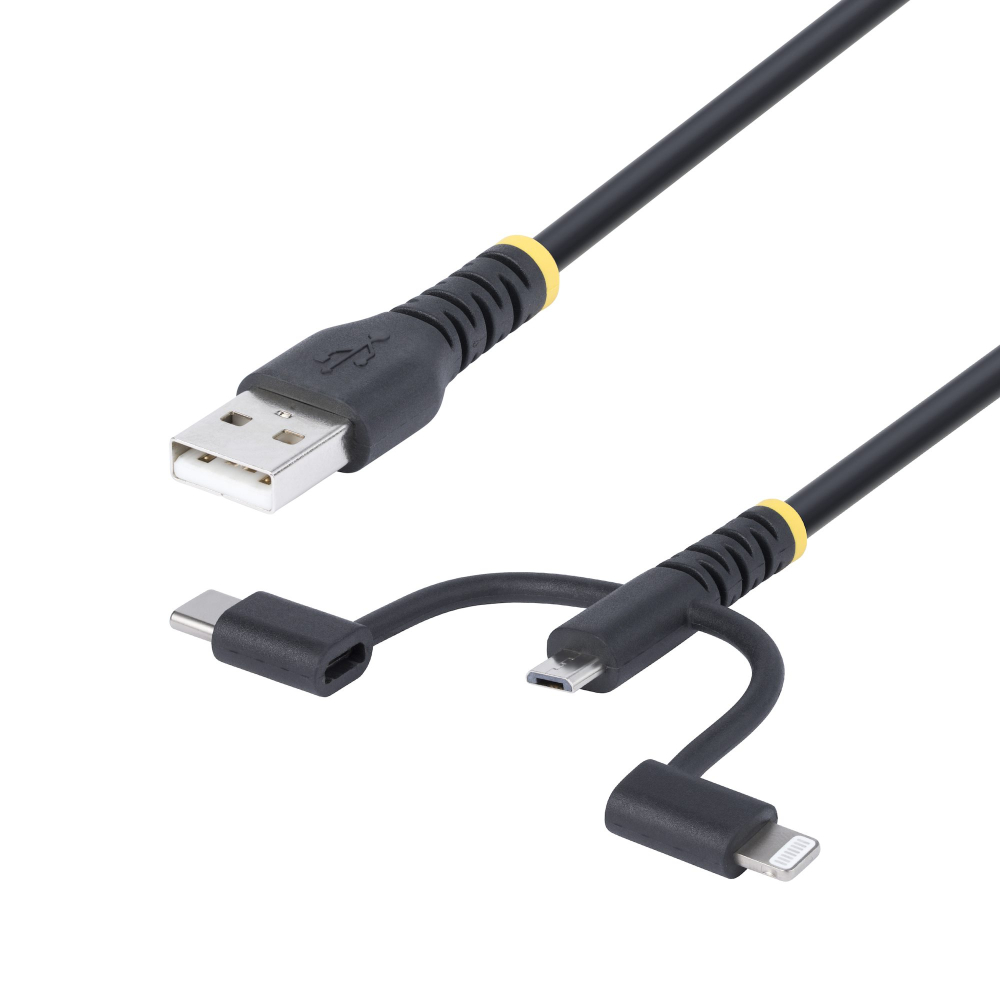 StarTech 3.3ft USB Multi Charging Cable, Lightning/Micro-USB/Type-C - USB cable kit - 3 A - 1 m - passive, rugged - black